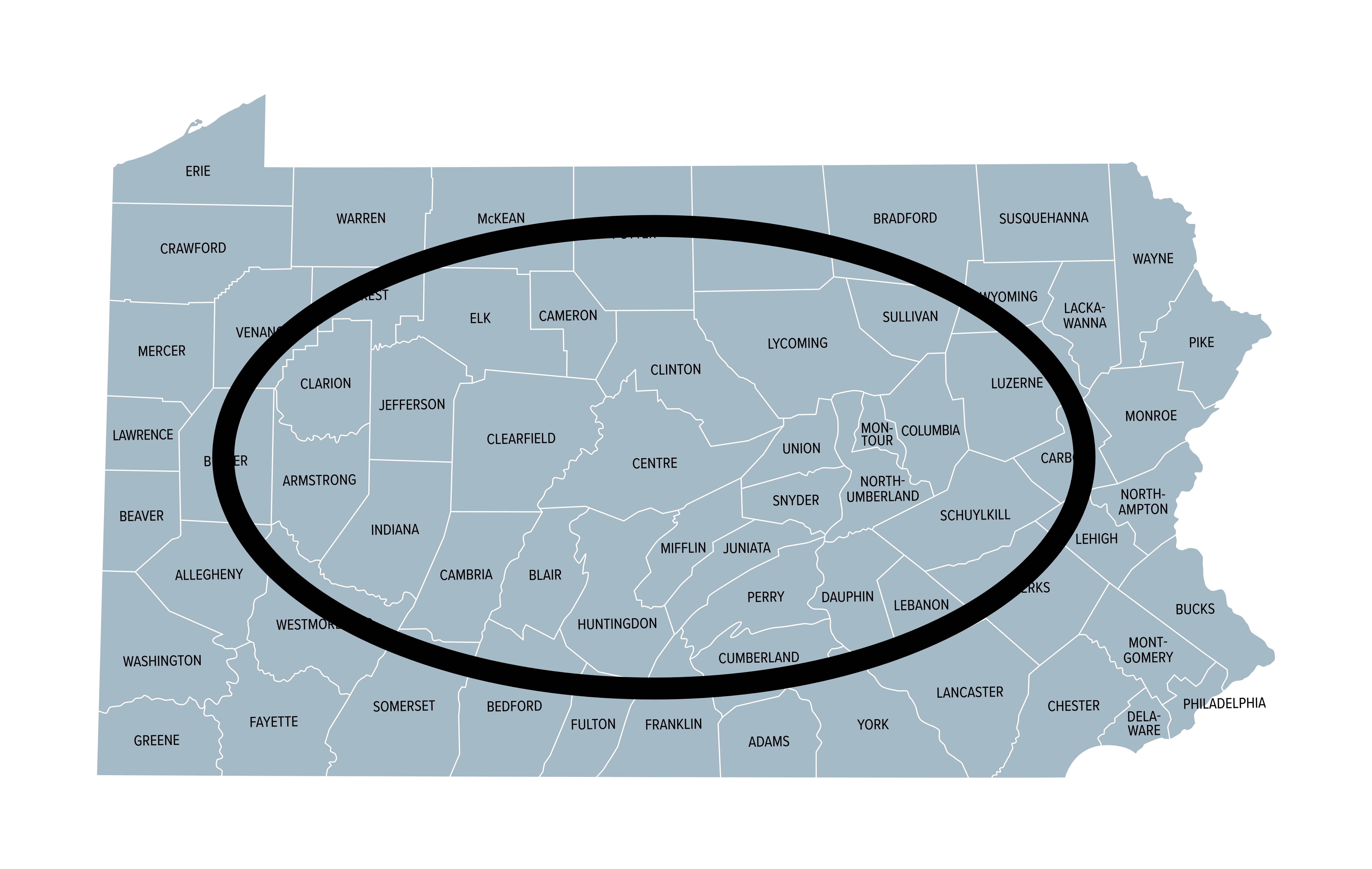 Map of Pennsylvania showing region  boundaries labeled with names