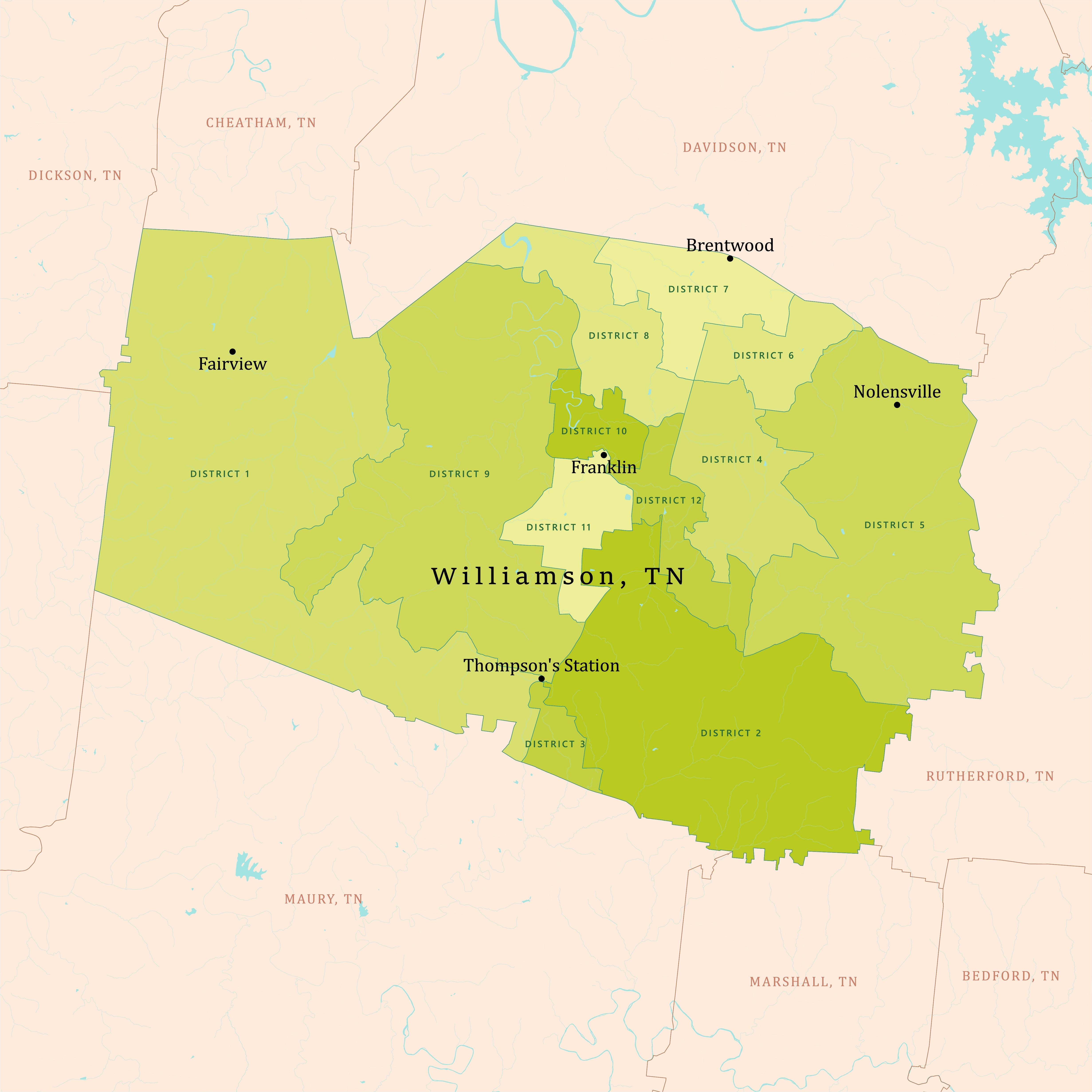 Map of Williamson County, TN, highlighting its districts including Franklin, Brentwood, Fairview, Nolensville, and Thompson's Station