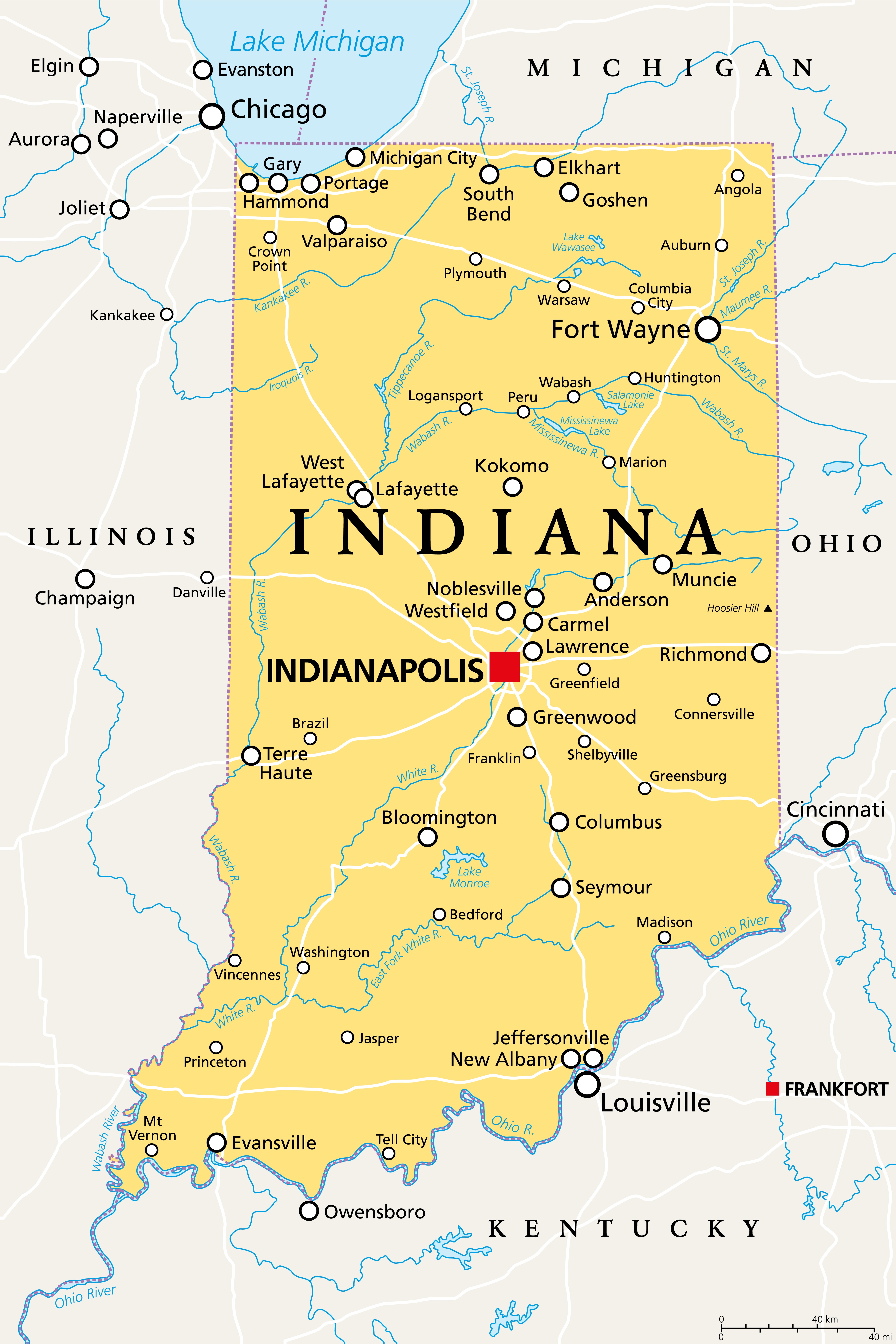 Map of Indiana highlighting cities, towns, and large   highways, with Indianapolis marked centrally. Surrounding states and bodies of h2o  shown