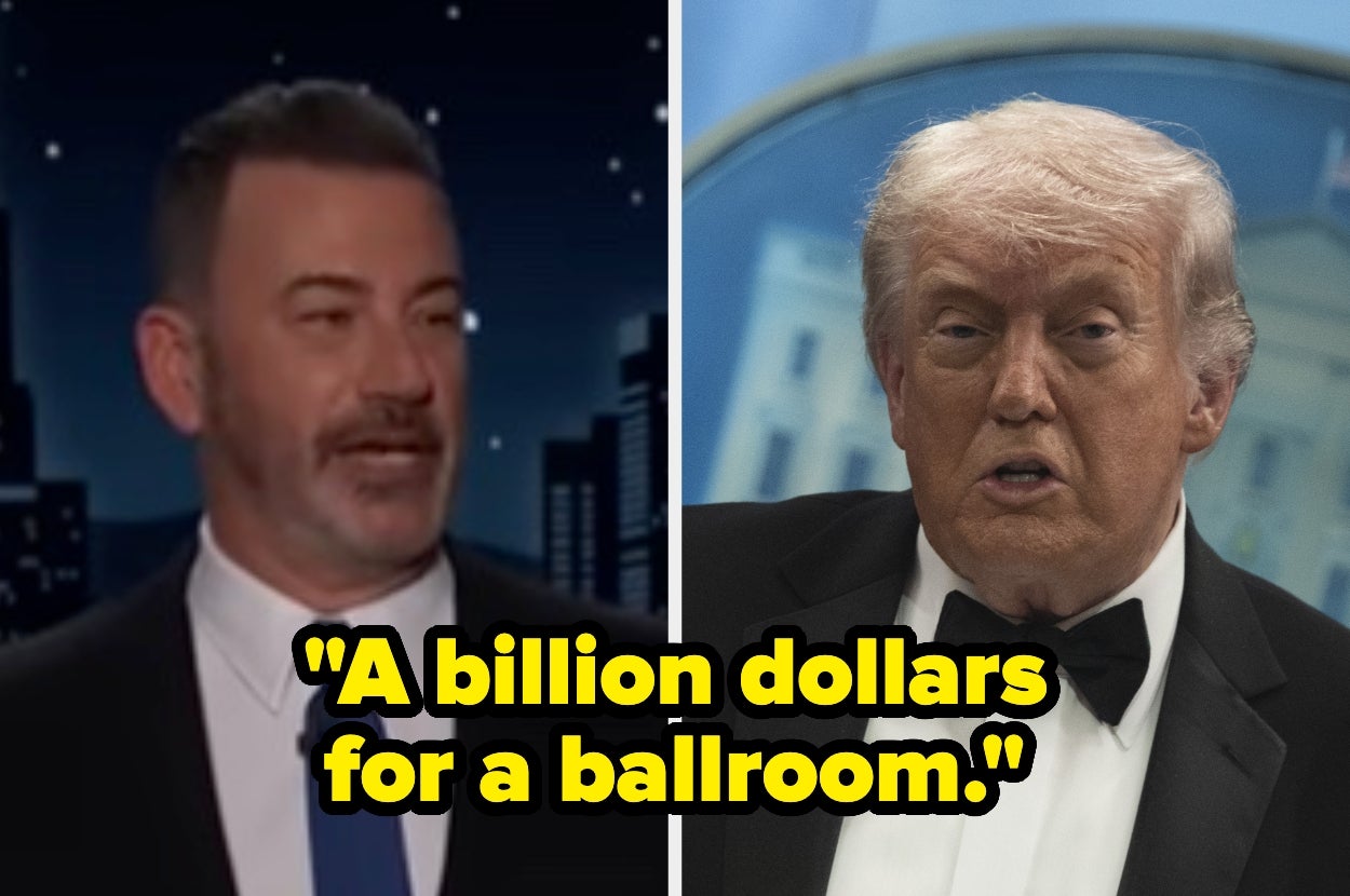 Two men in suits; one with a caption saying, "A billion dollars for a ballroom."