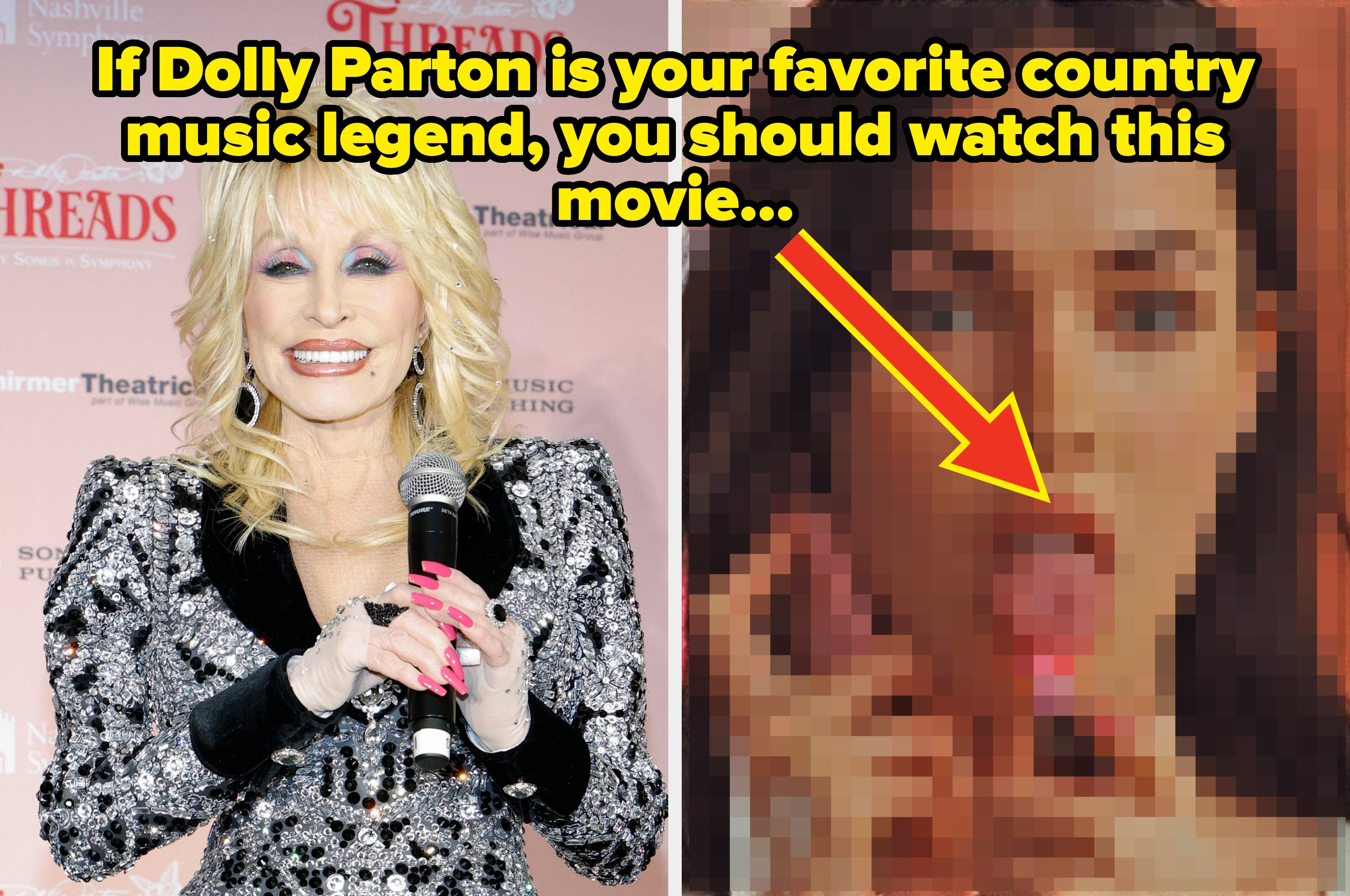 Person on the left in sparkling dress holding a microphone on the red carpet; a pixelated image of another person on the right