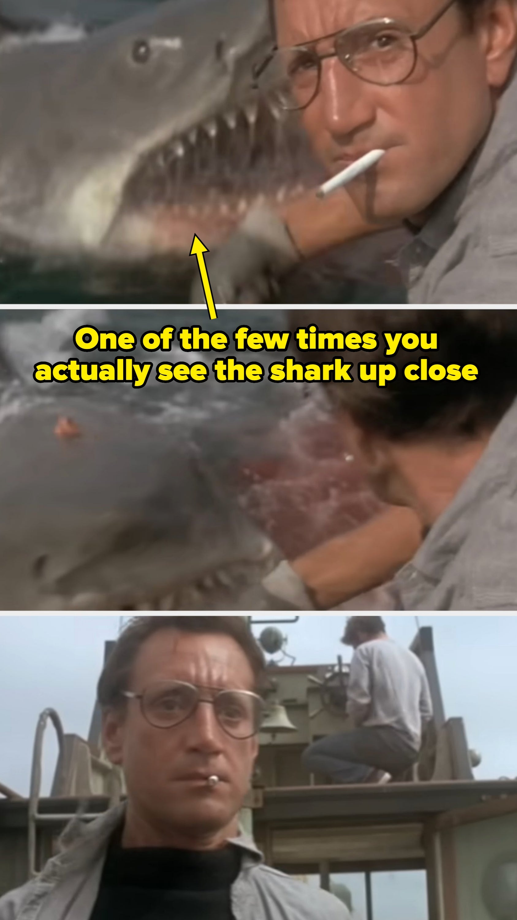 Man with glasses and cigaret  reacts to a ample  shark emerging from water, showing a tense and melodramatic  infinitesimal   connected  a boat