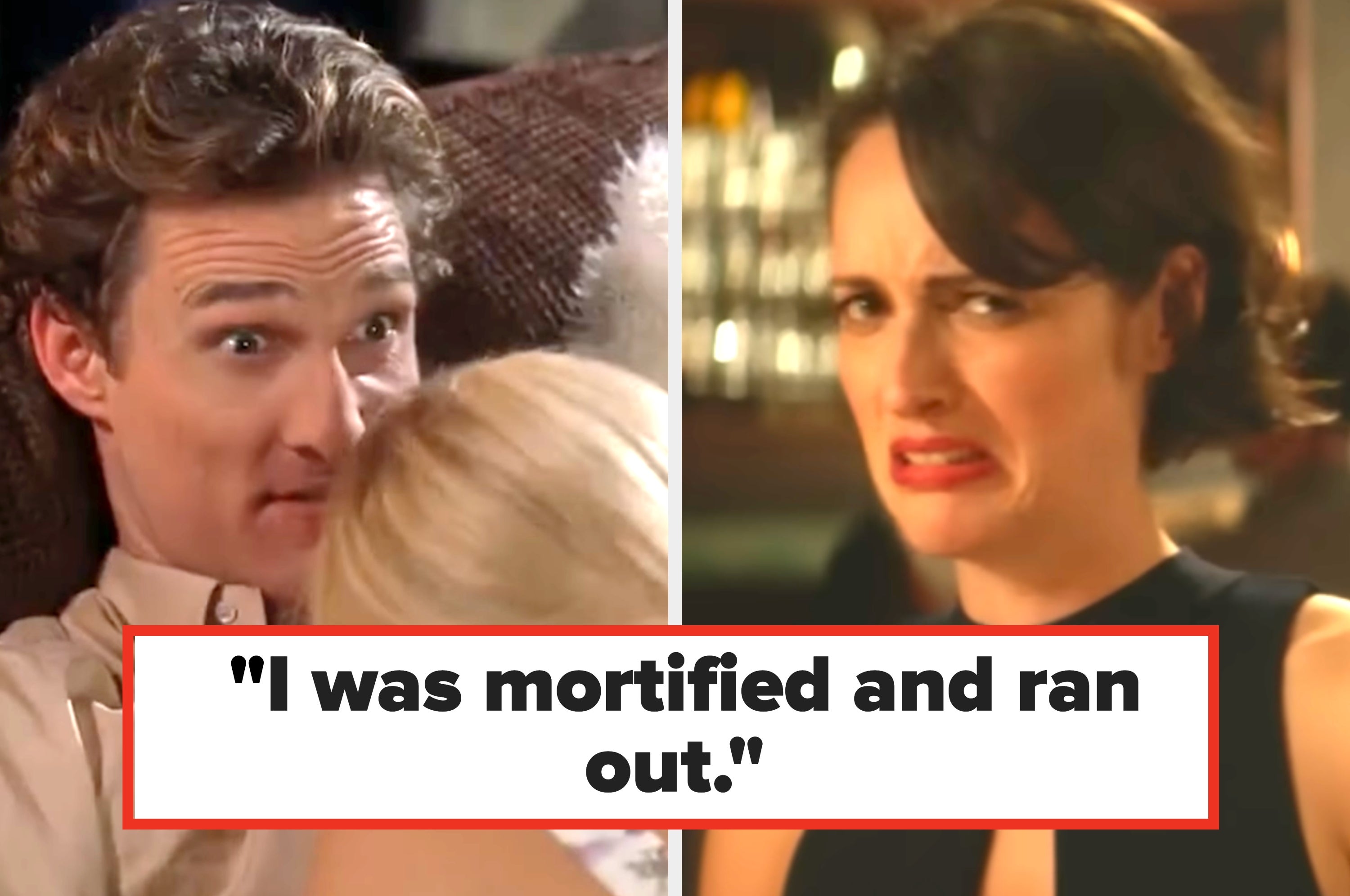 Two people have an awkward intimate moment; another person reacts with a mixed expression of surprise and discomfort