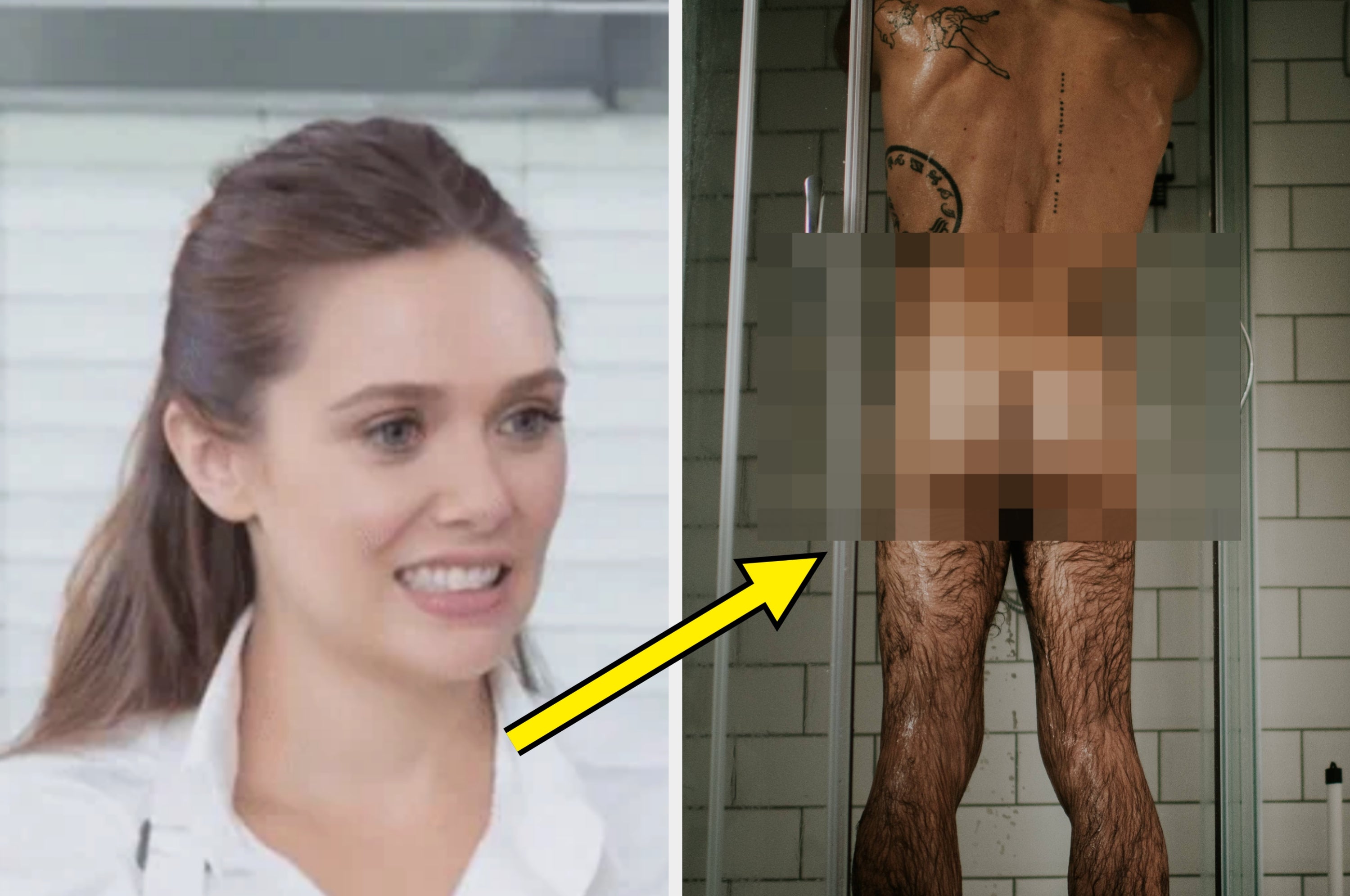 A person in a bathroom next to another person smiling in a white shirt; intimate setting implied