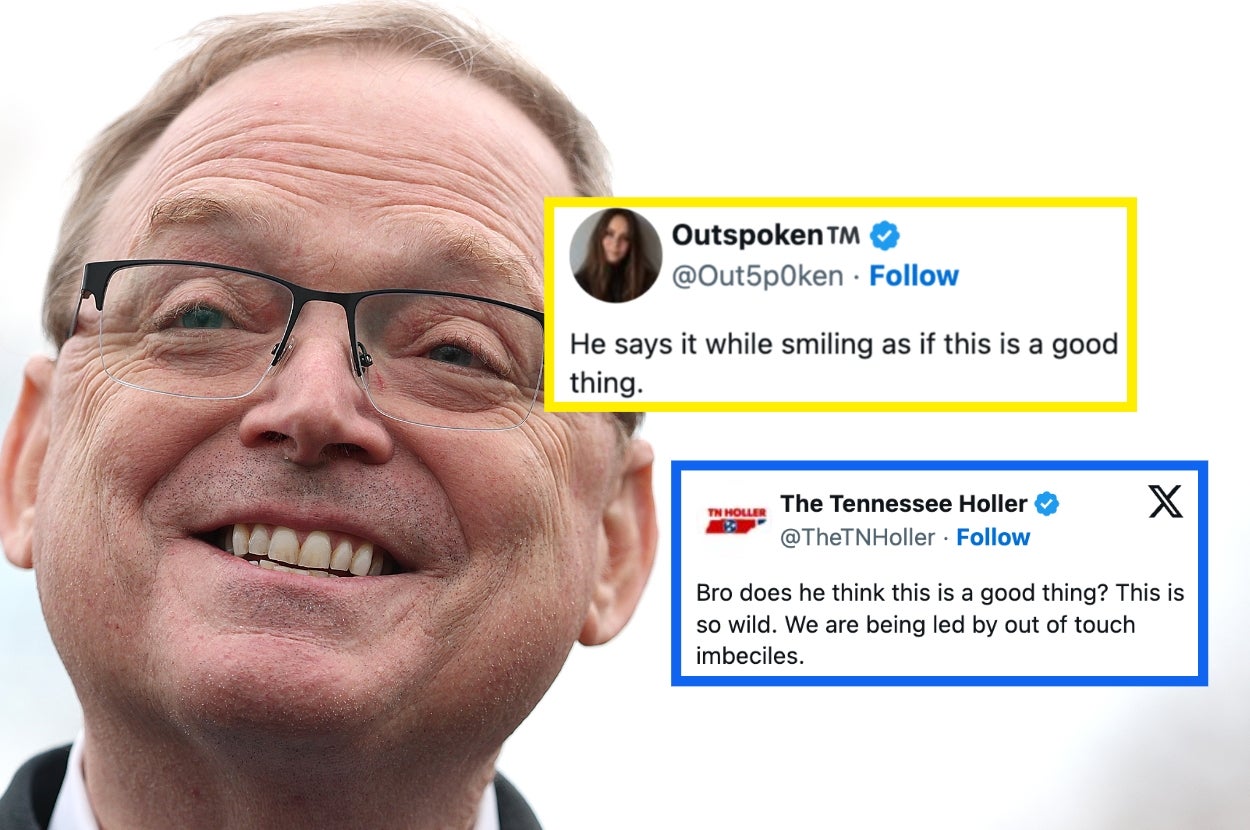A person smiling with overlaid critical tweets questioning a statement as a positive