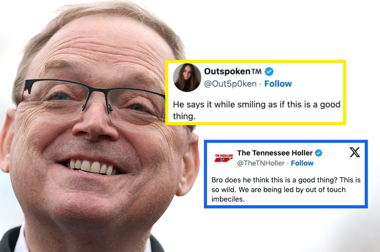 A person smiling with overlaid critical tweets questioning a statement as a positive