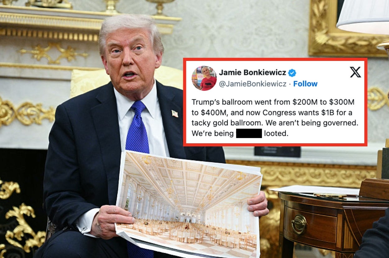 A man seated in an ornate room holds an image of a ballroom. A highlighted tweet criticizes funding for a gold ballroom, citing governance concerns