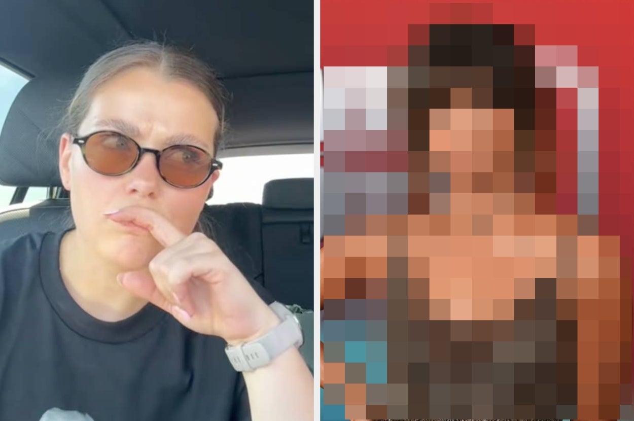 Left: Person with sunglasses sitting in a car. Right: Person on red carpet in a detailed gown with intricate patterns