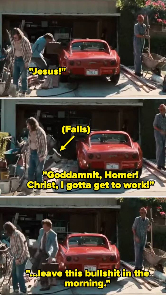  A idiosyncratic   reacts to falling materials adjacent   a reddish  car. Another idiosyncratic   expresses urgency astir  needing to spell  to work