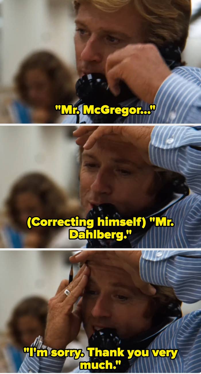 A person speaks on the phone, correcting himself from "Mr. McGregor" to "Mr. Dahlberg," expressing apology and thanks