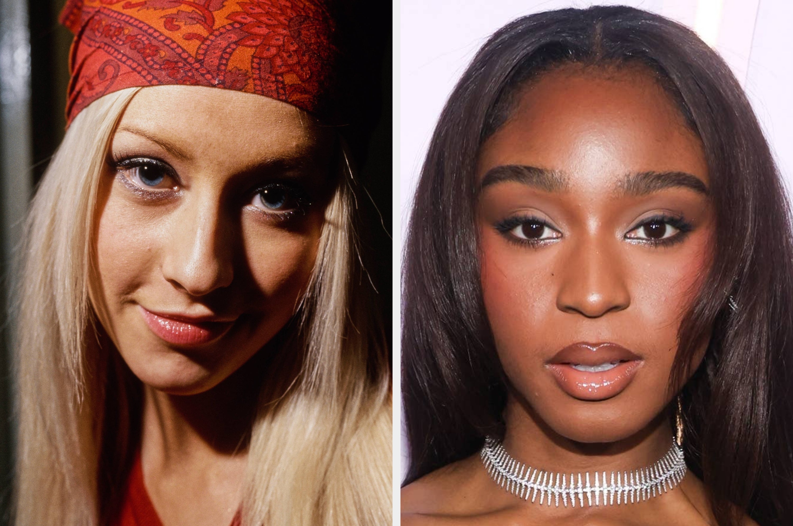 Two women side by side. Left: Christina Aguilera with a bandana. Right: Normani with sleek hair and a diamond choker necklace