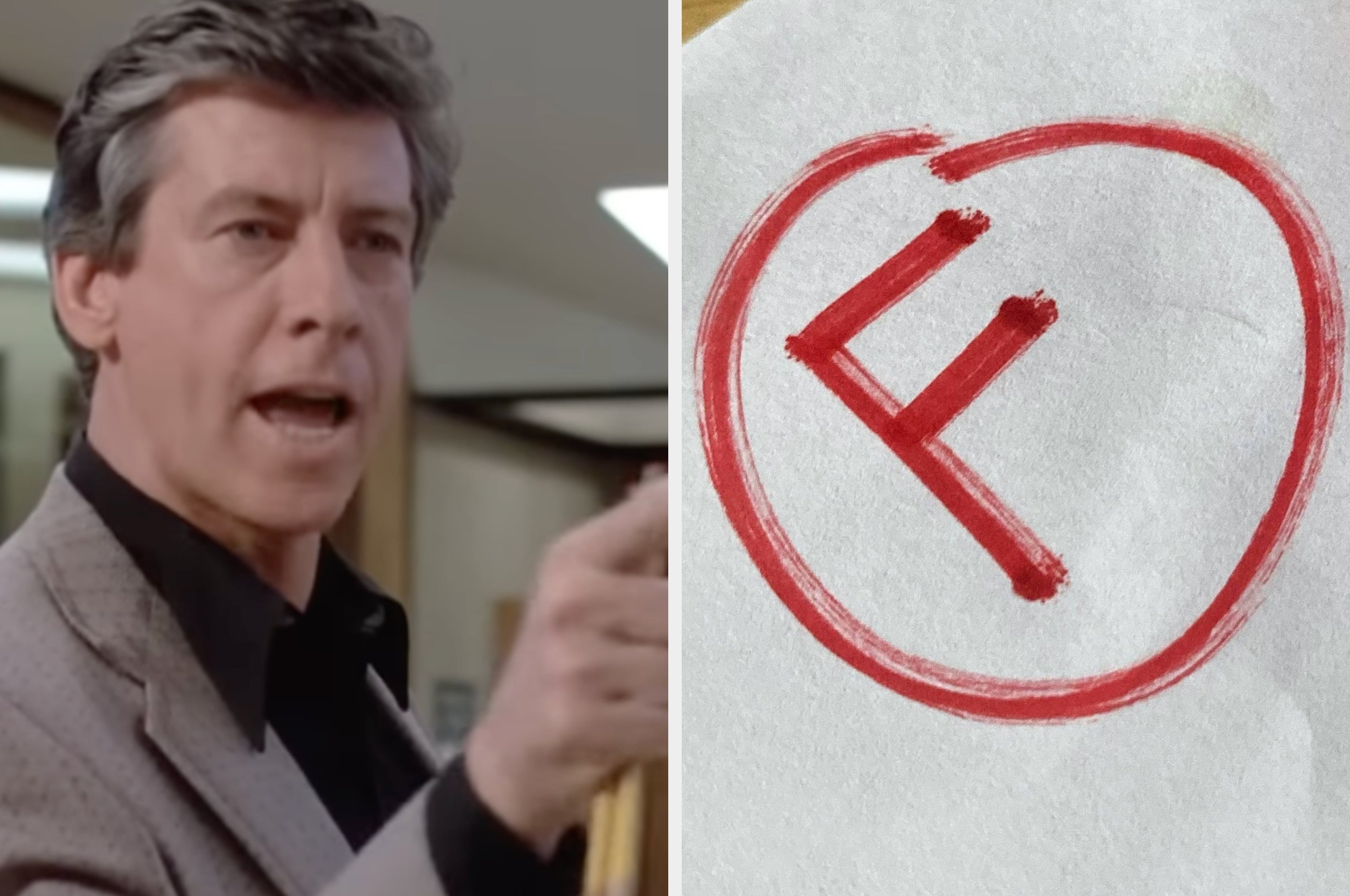 Split image of a man wearing a suit while pointing at something, and an F grade in red pen, text overlay: sorry, but there's no way you'll survive this '80s trivia quiz