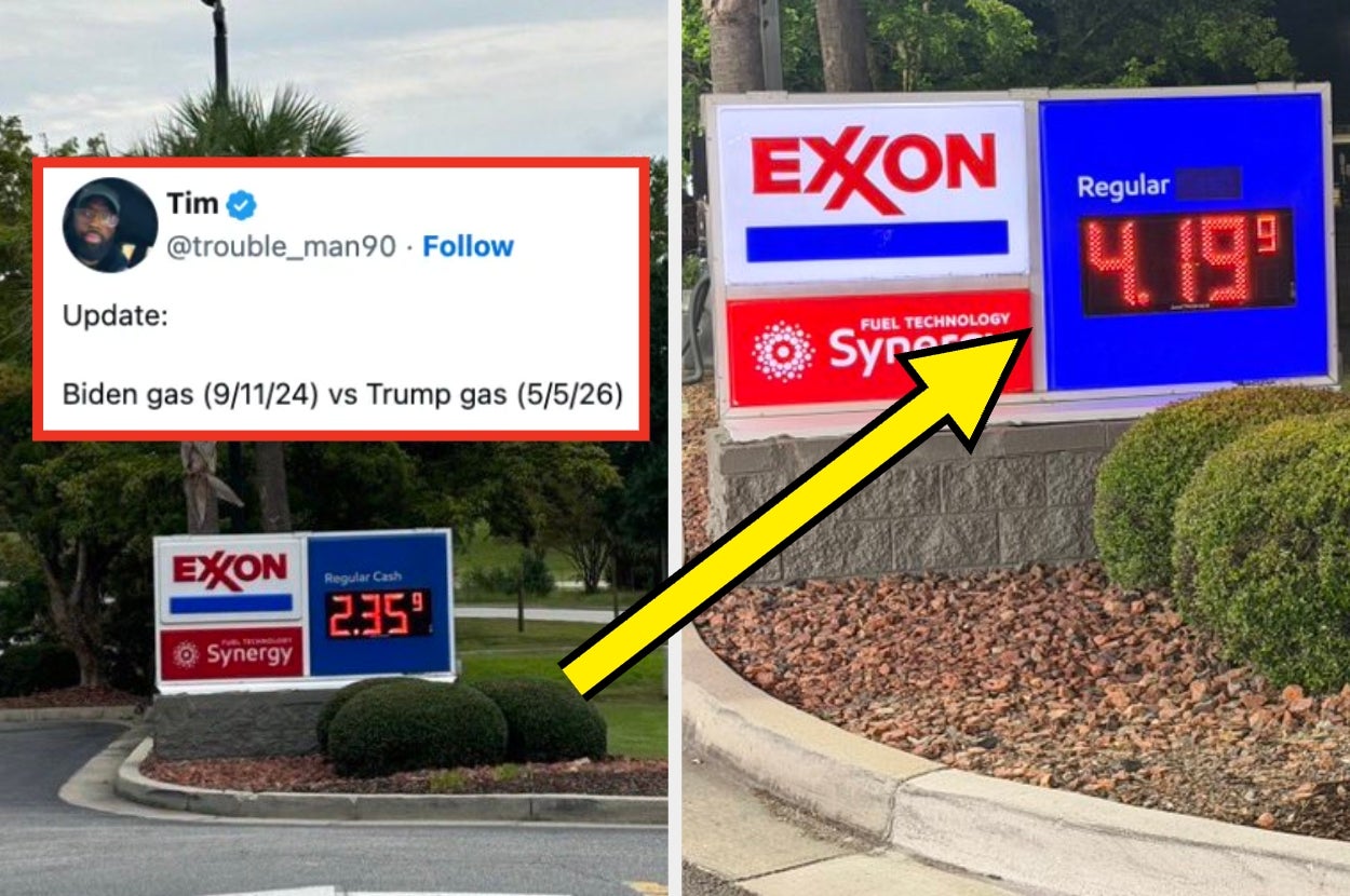 Split image comparing gas prices: $2.35 vs. $4.19 with a tweet joking about future political scenarios and gas prices