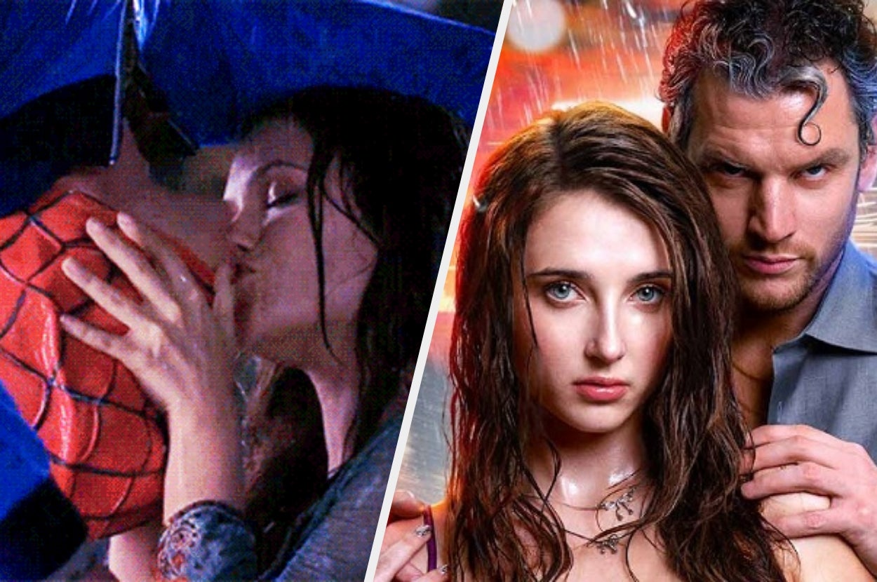 A couple recreates iconic movie kiss scenes in a playful tribute under umbrellas
