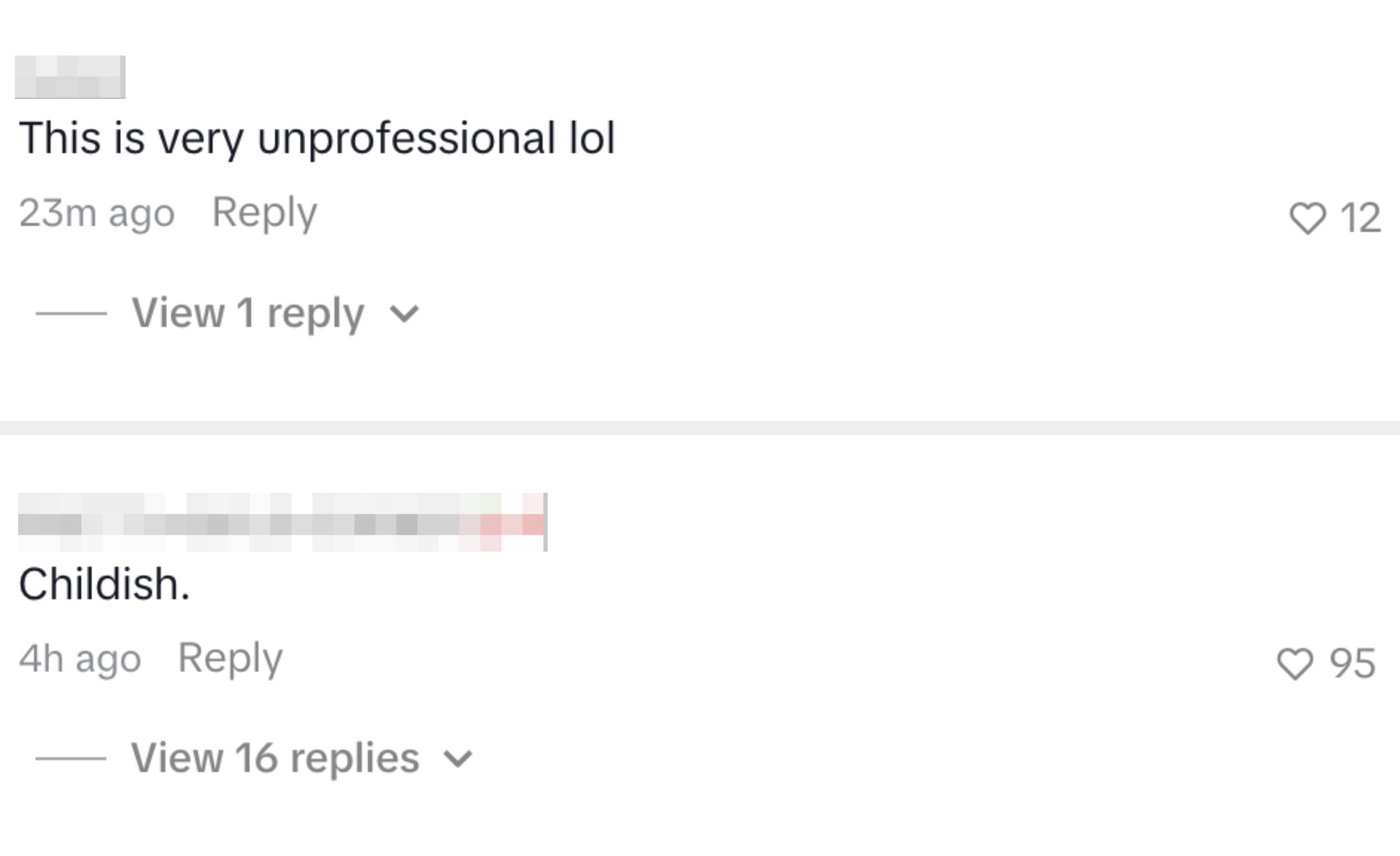 Social media station  with 2  comments. One states, "This is precise  unprofessional lol," and different  says, "Childish."