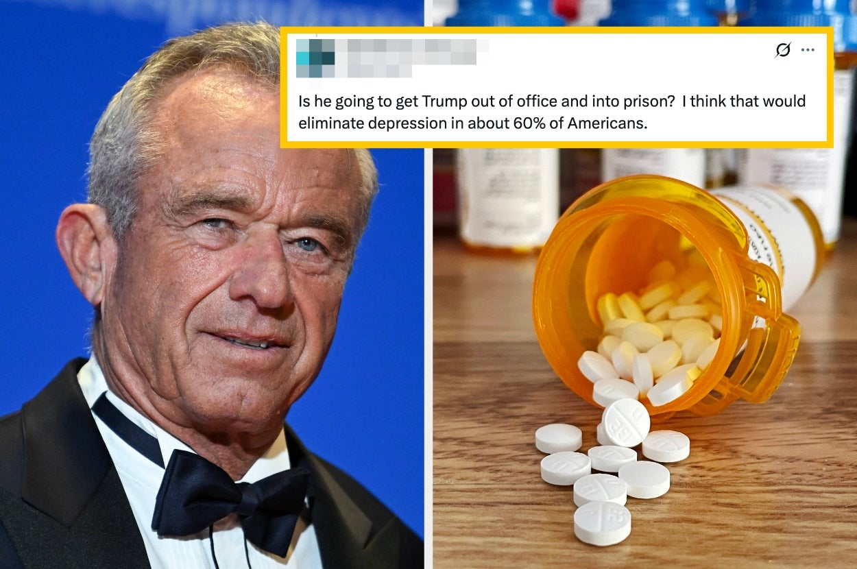 RFK Jr. smiling at a formal event next to a picture of antidepressant pills with a tweet that reads "Is he going to get Trump out of office and into prison? I think that would eliminate depression in about 60% of Americans"