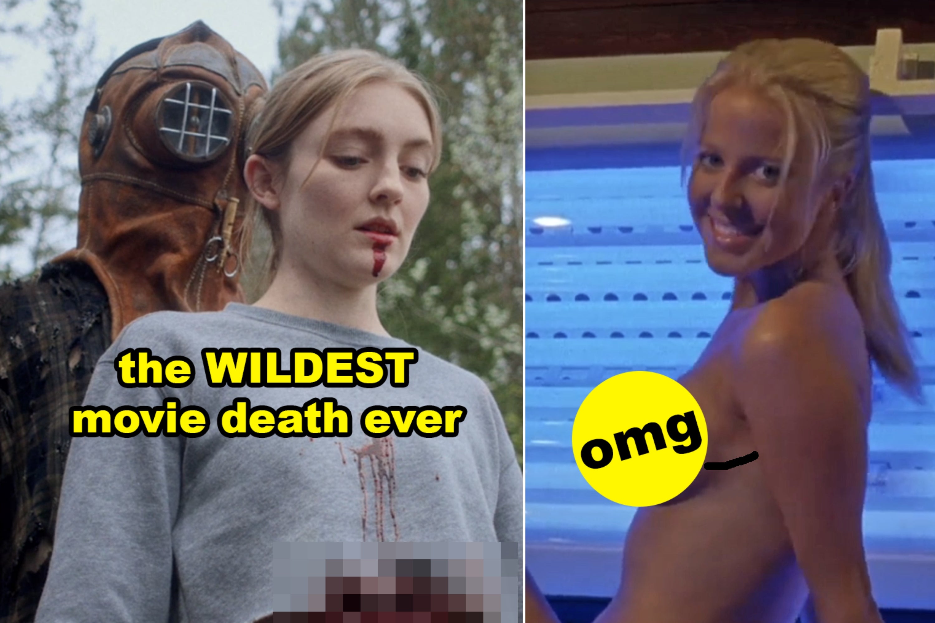 Split image: Left shows a dramatic movie scene with a victim; right shows a person in a tanning bed. Text reads: "the WILDEST movie death ever" and "omg"