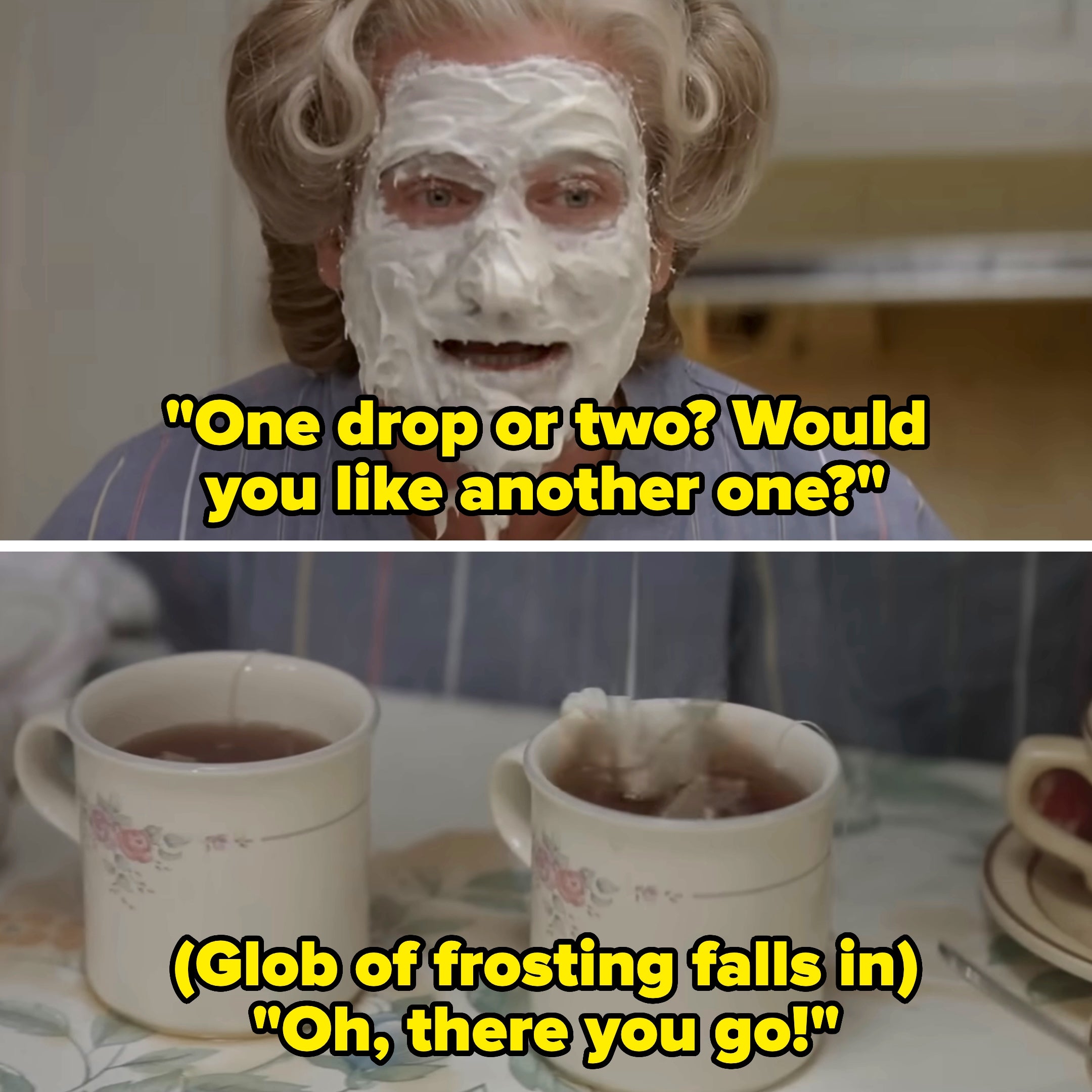 Person with cream-covered look   supra  2  cups of beverage  connected  a table