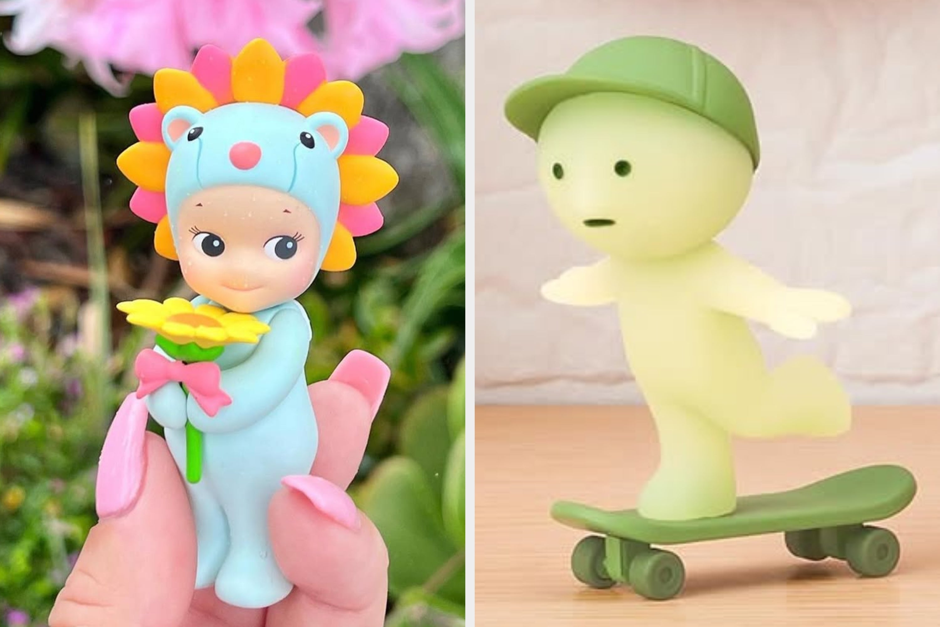 Two cute figurines: a Sonny Angel (left) wearing a flower costume, holding a sunflower; the other, a Smiski (right), is riding on a skateboard wearing a cap