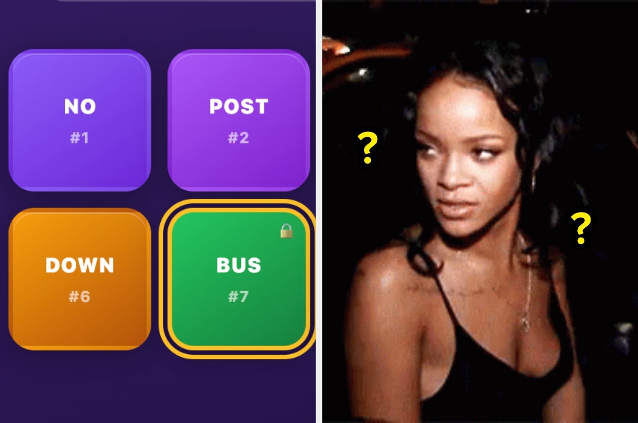Game screen with words: No, Post, Down, Bus; split image of a woman looking confused with question marks