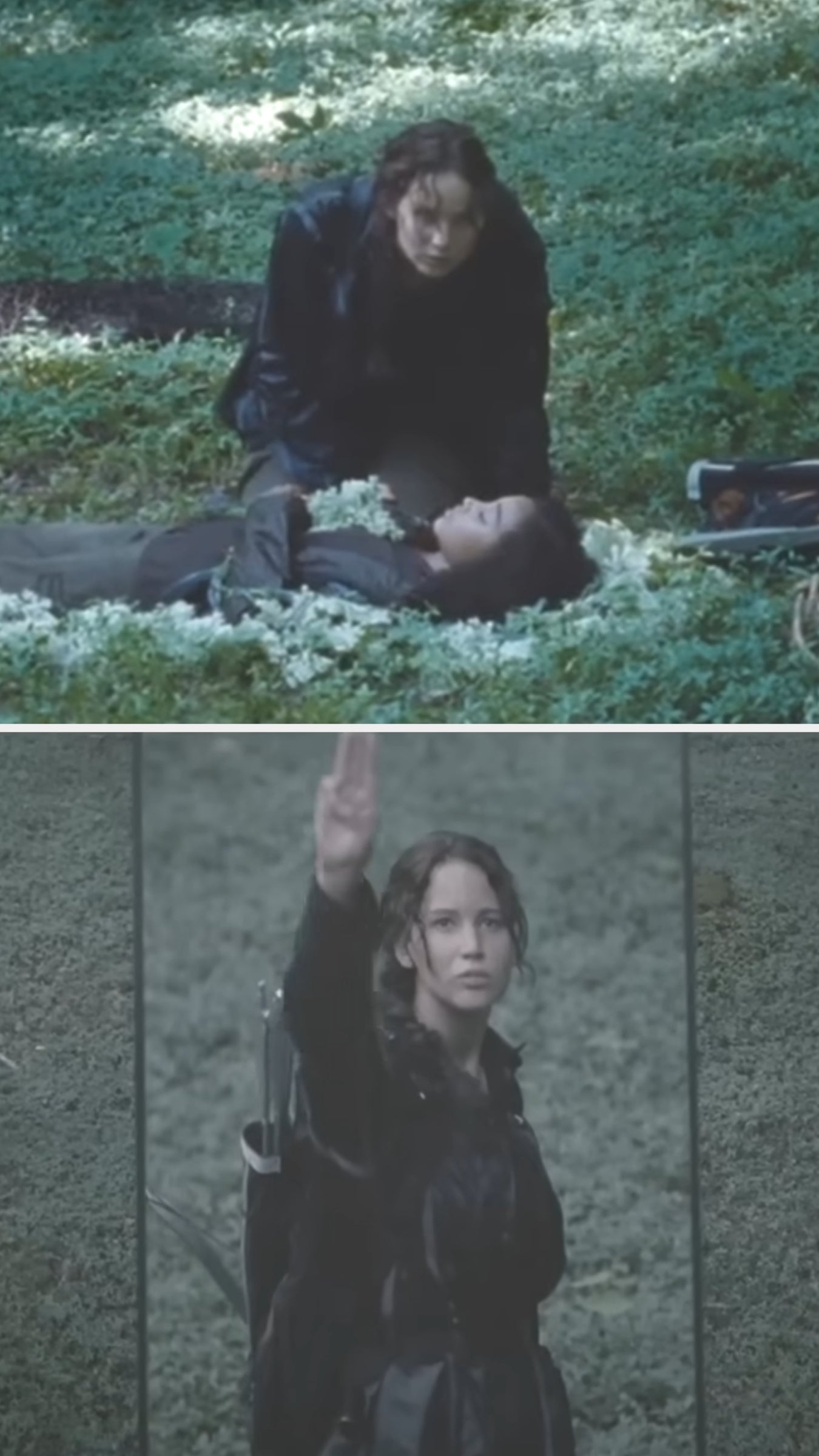 Top image: A person crouches beside another lying on the ground. Bottom image: A person stands with a raised hand gesture, wearing a dark jacket with a bow