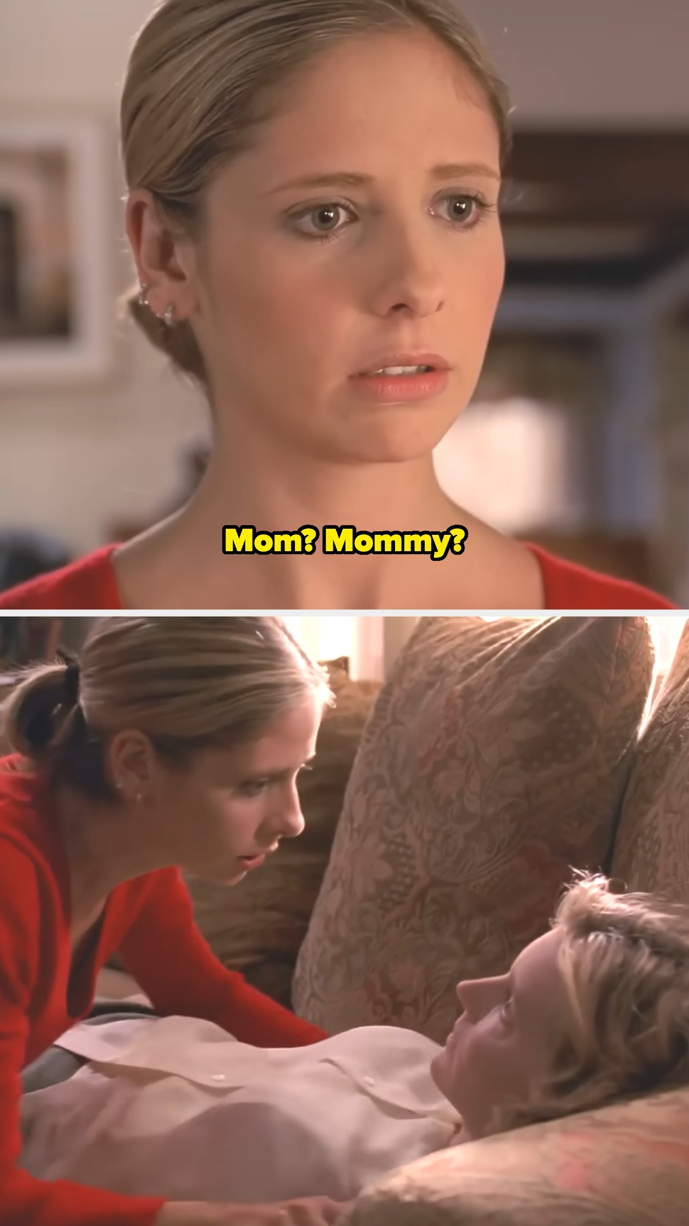 A concerned woman finds another woman lying unresponsive on a couch, asking, 'Mom? Mommy?'