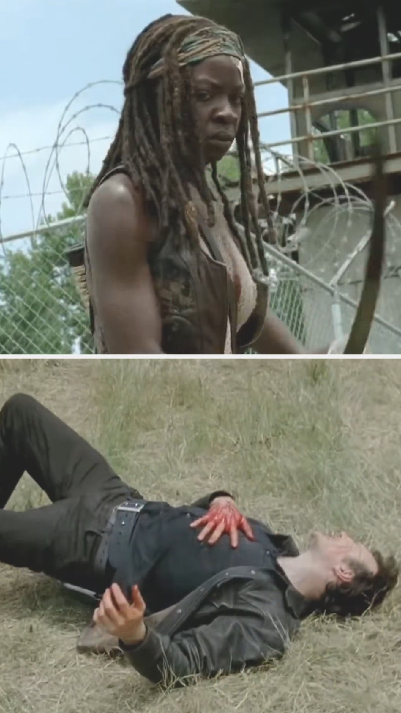 A character with dreadlocks stands serious; below, a man lies on grass, clutching his red-stained chest. Scene suggests tension or injury