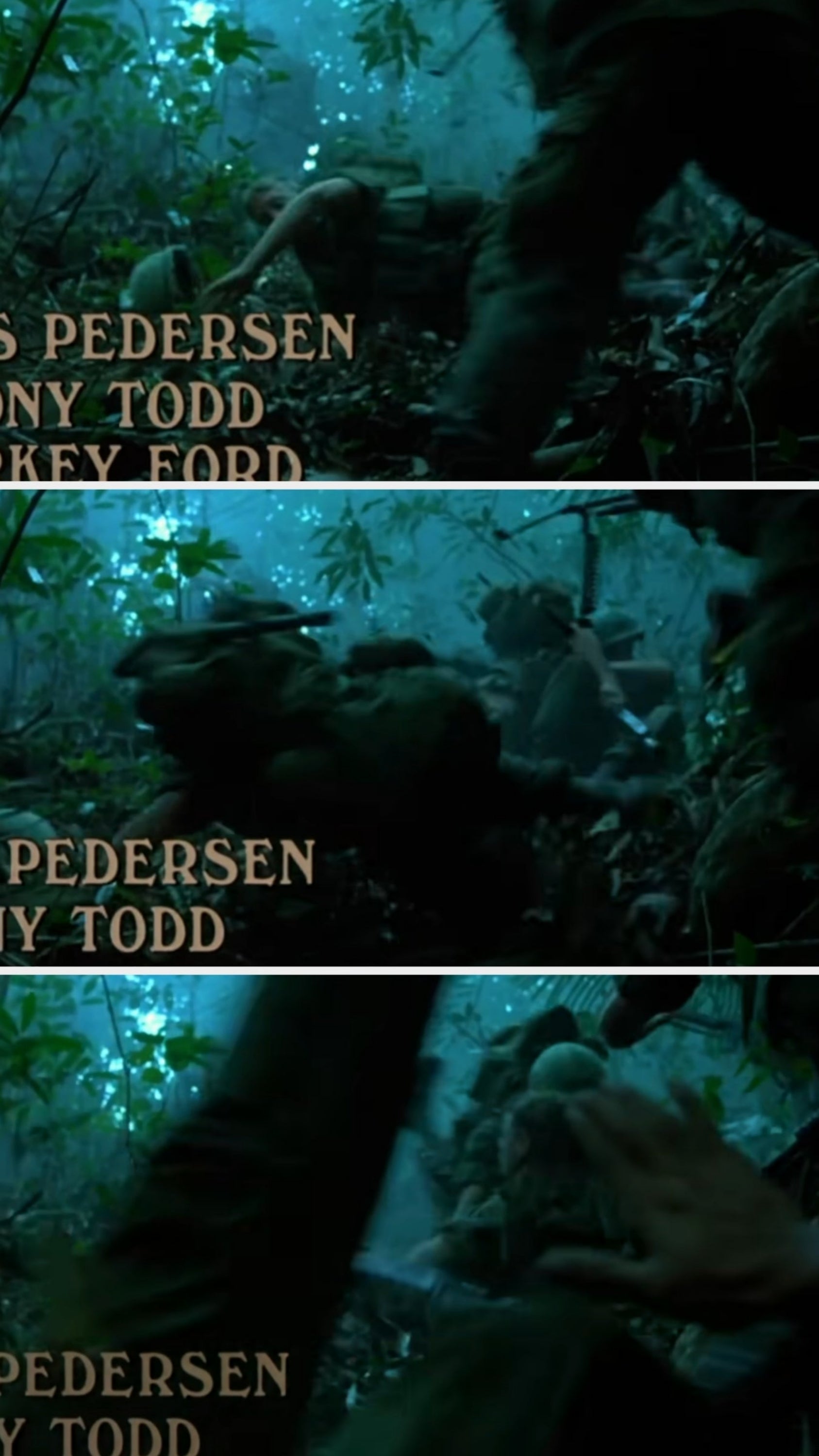 Three movie   frames amusement   soldiers successful  a jungle, with partial credits for actors and unit  connected  screen