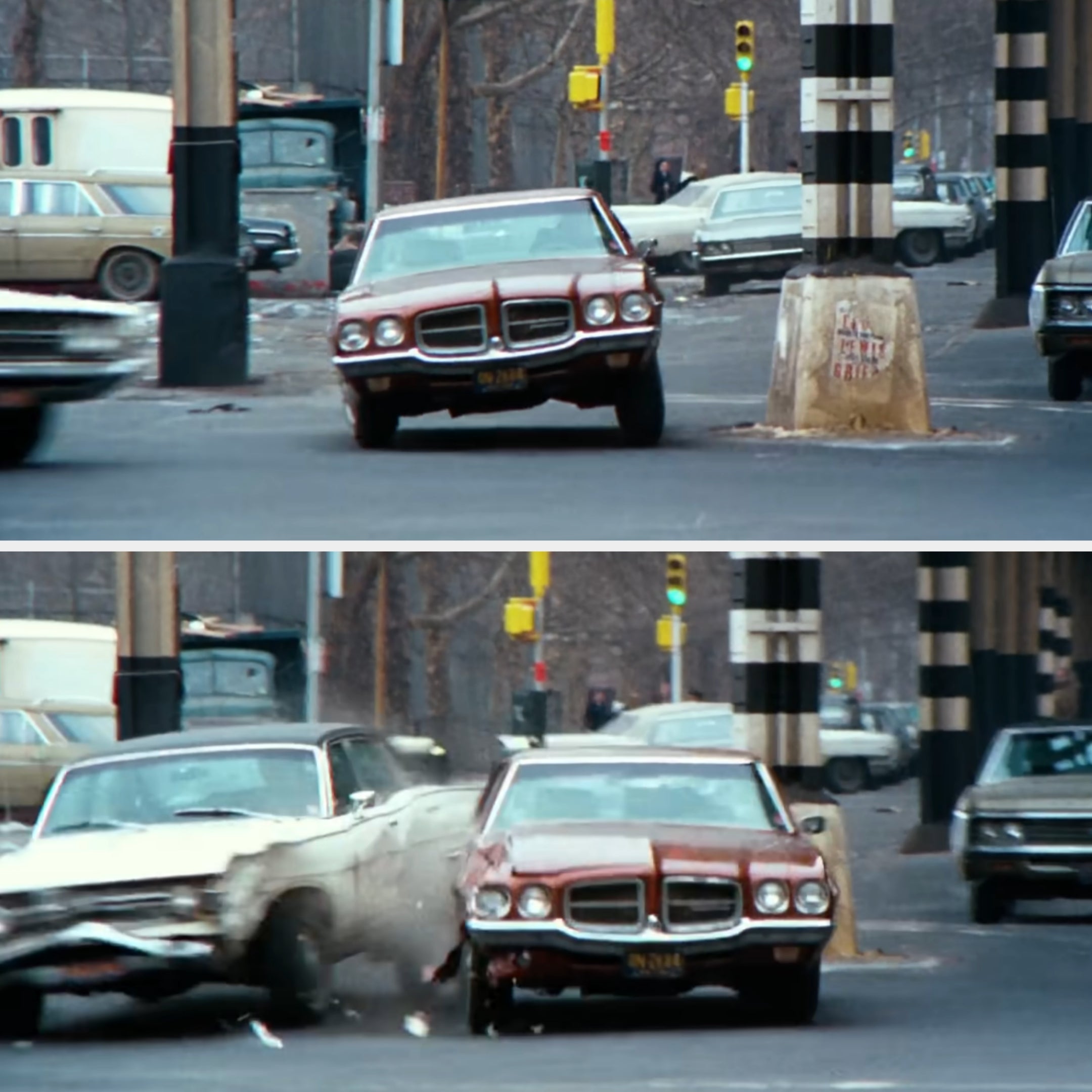 Two frames amusement   a classical  Pontiac successful  an municipality  car   chase; the car   crashes into different  conveyance  and a pole