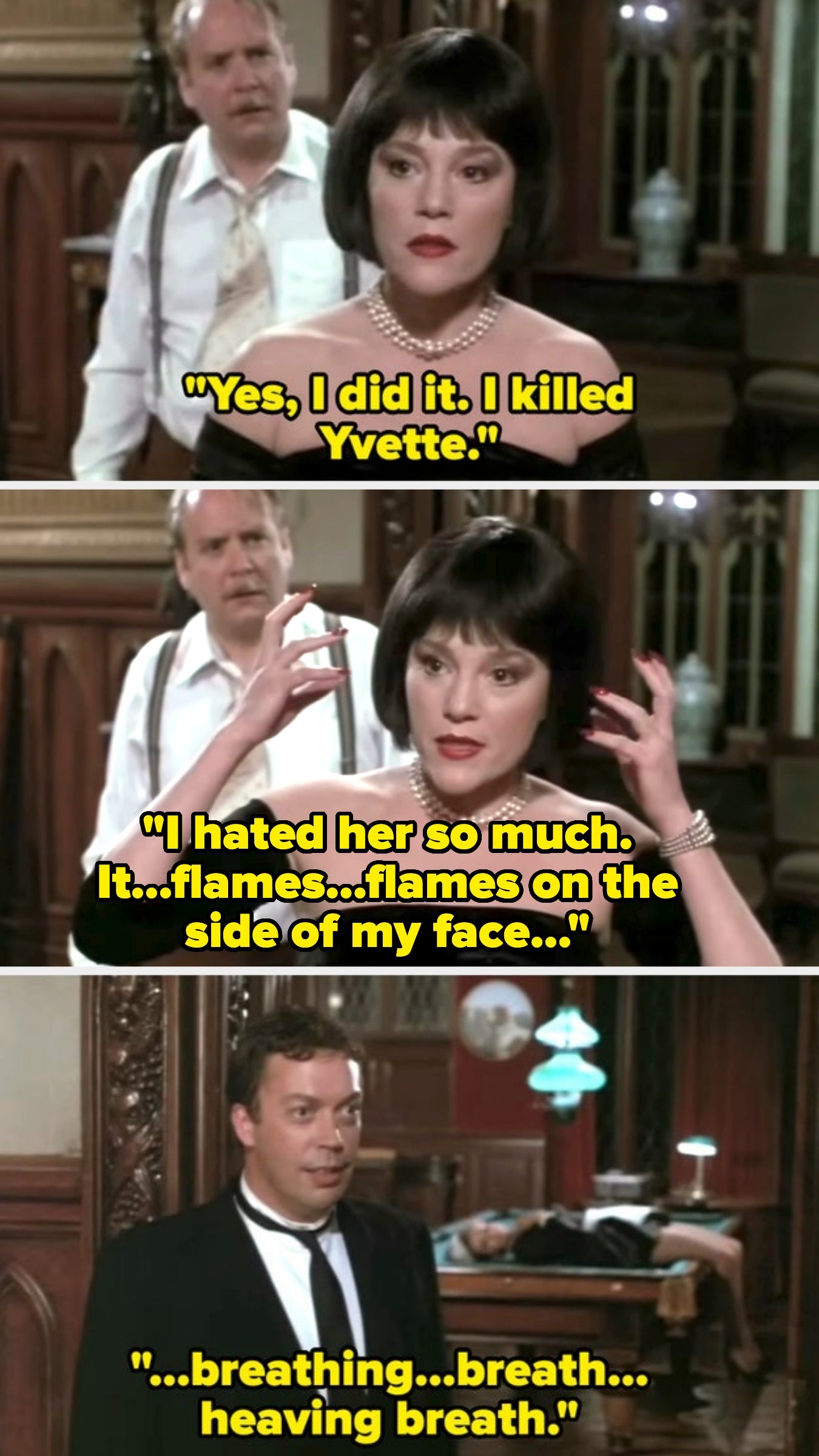 Three movie   stills with a quality  passionately confessing to a transgression  involving Yvette, referencing flames and breathlessness