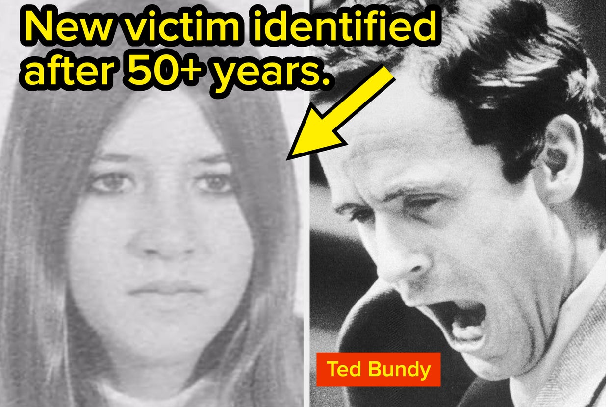 Split image: On the left, a portrait of a young woman from decades ago. On the right, an emotional man is shown. Text reads, "New victim identified after 50+ years."