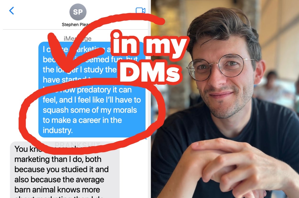 A person holding their chin, with a text exchange about the marketing industry potentially compromising morals, highlighted with "in my DMs."