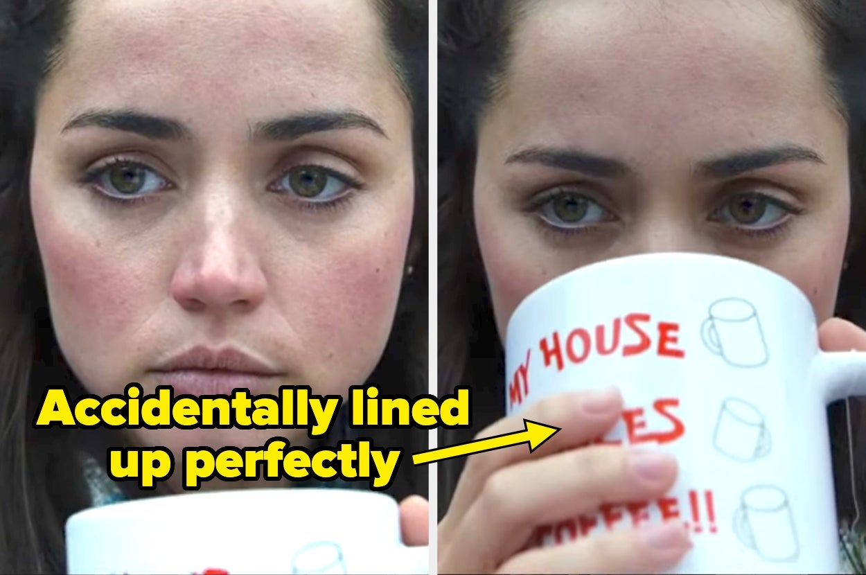 Ana De Armas holds a mug with the text "MY HOUSE, MY RULES, MY COFFEE!!!" at the end of Knives Out, captioned "accidentally lined up perfectly"