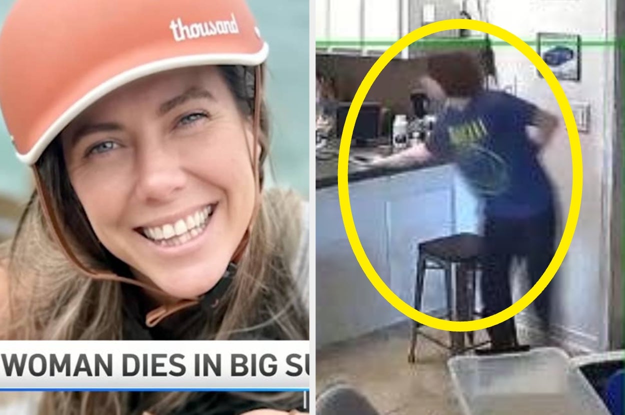Two-image collage: Left shows smiling woman in a helmet with a news headline "Woman dies in Big Sur." Right shows a person in a kitchen caught on surveillance