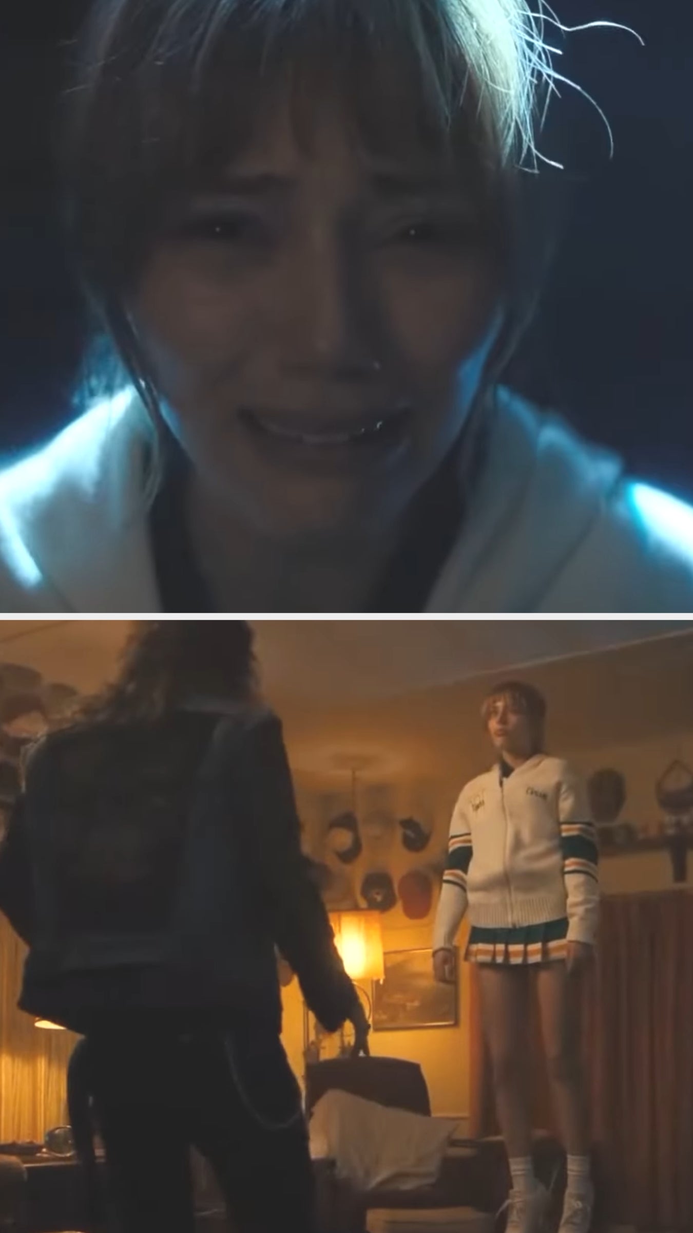 Two scenes from a movie: a tearful woman in a close-up and a cheerleader facing a person standing in a room