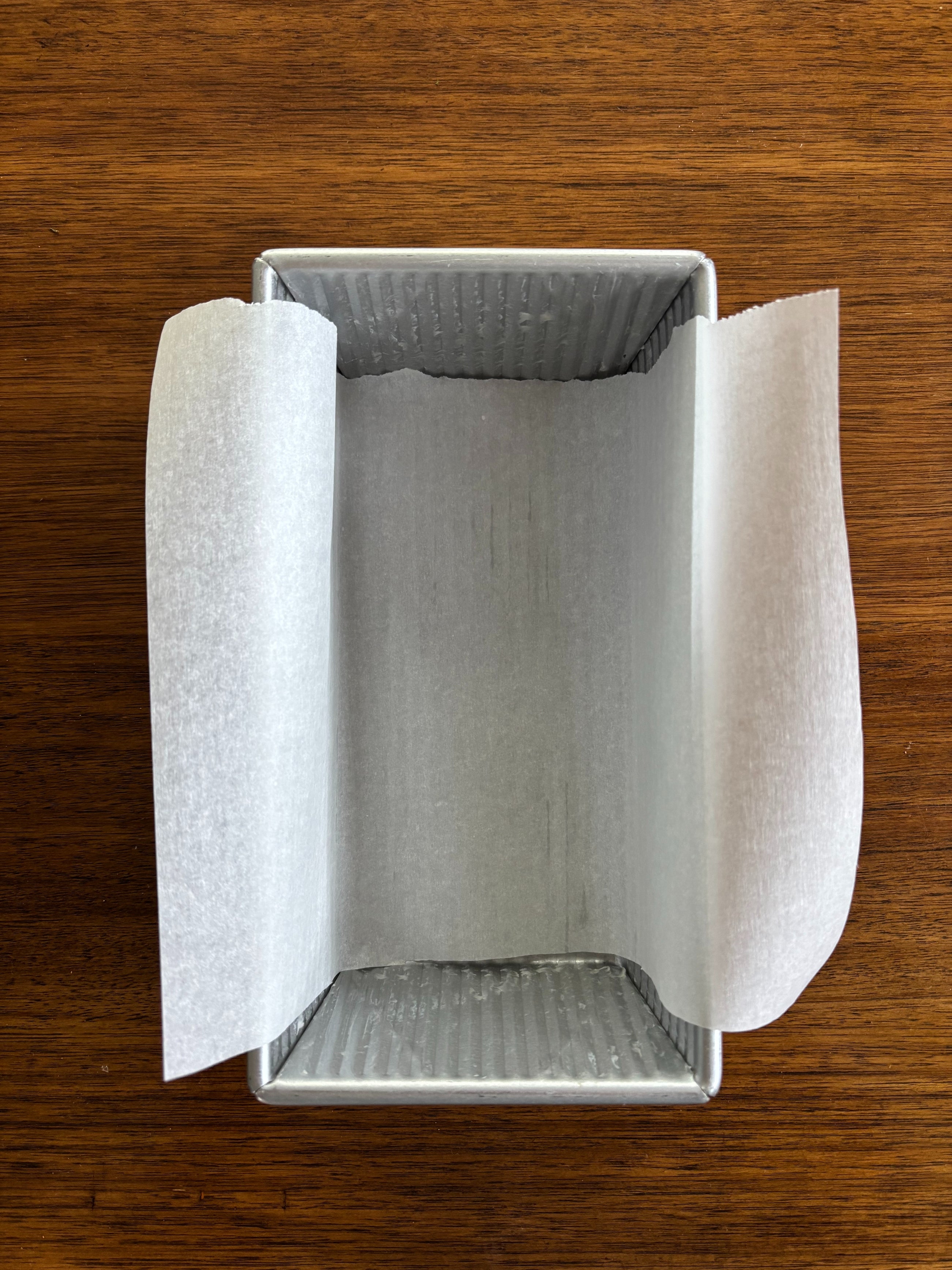 A loaf pan lined with parchment paper