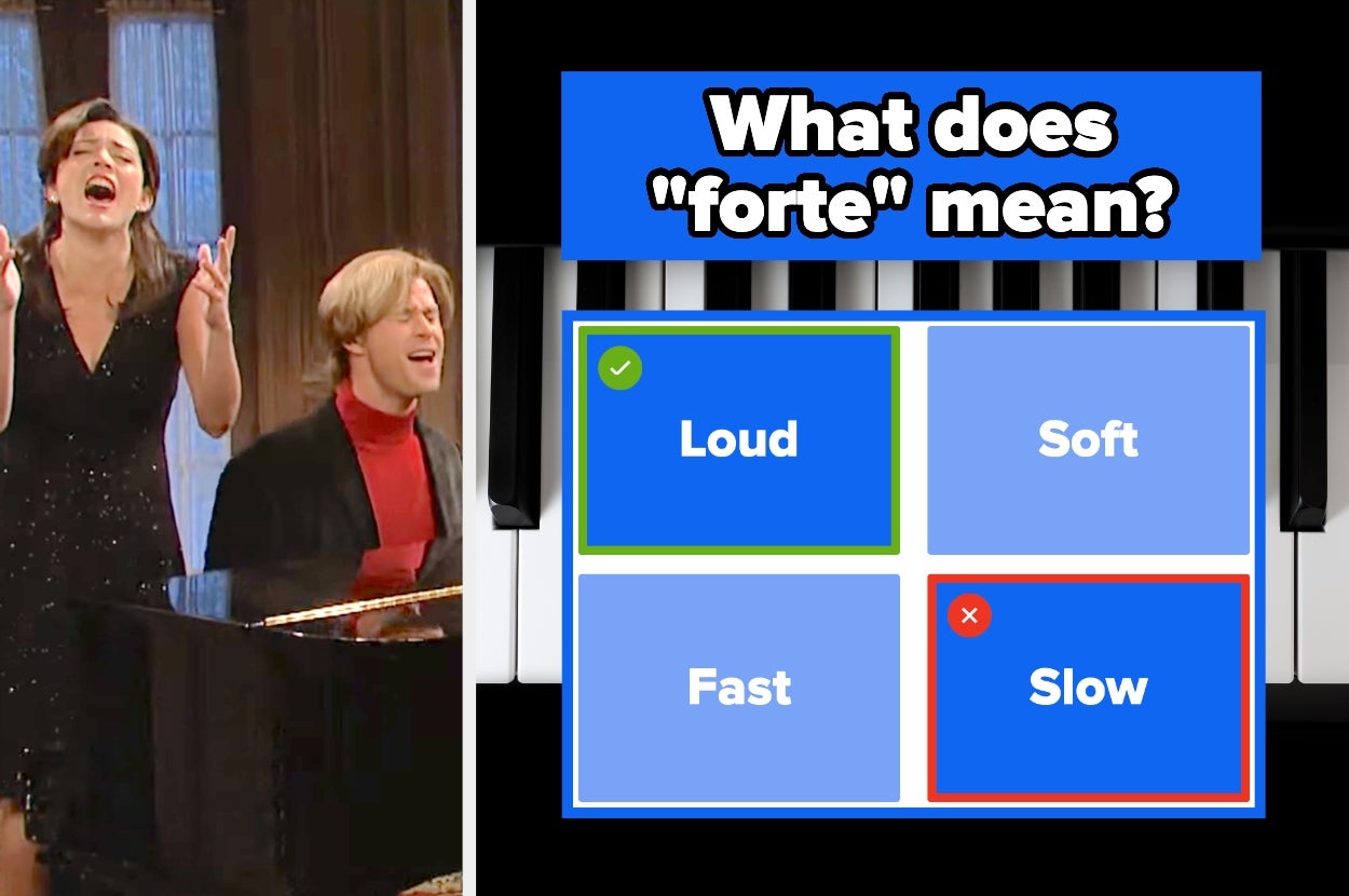 Two singers perform joyfully next to a piano. A quiz shows "What does 'forte' mean?" with "Loud" as the correct answer