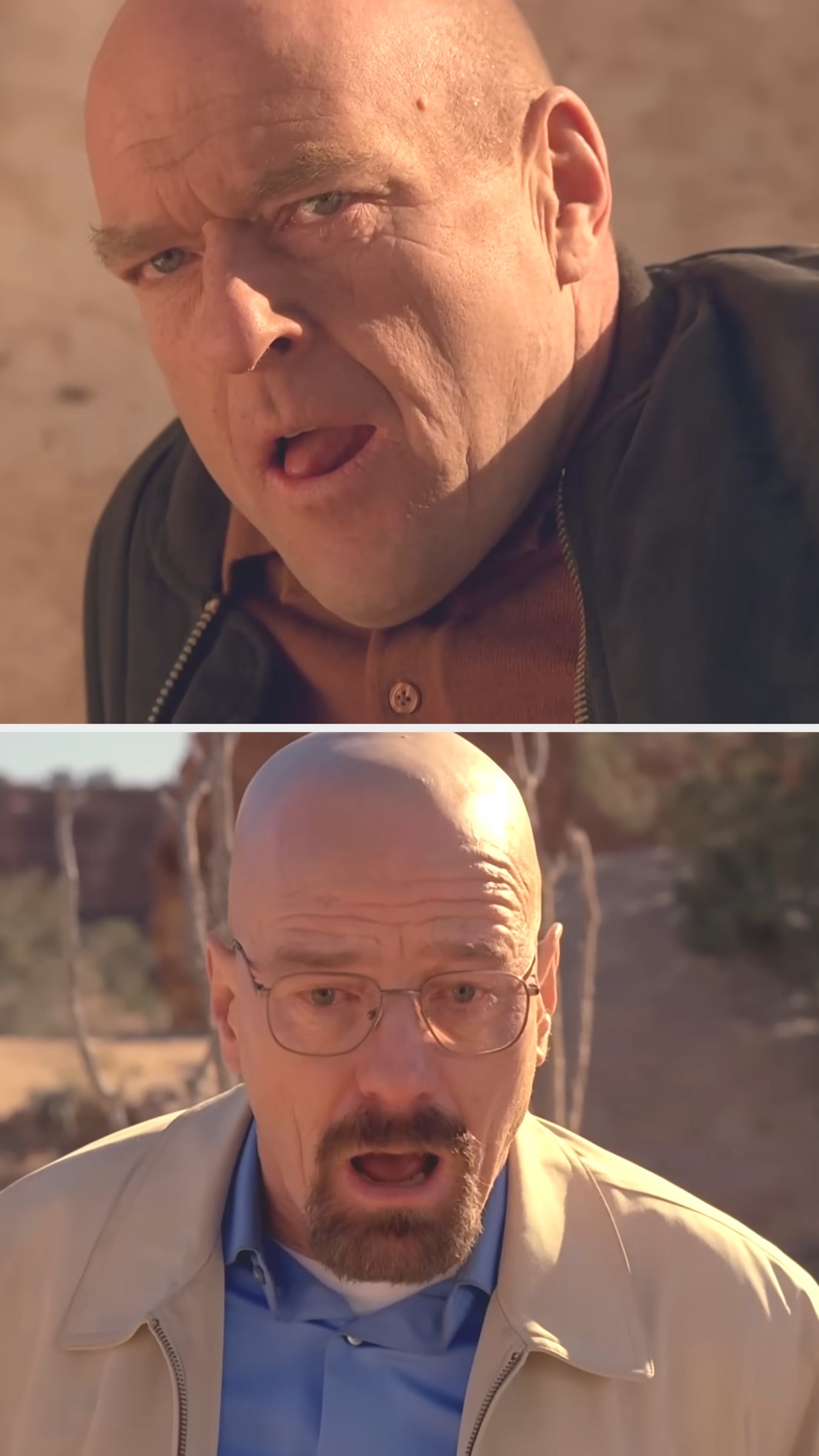 Two men look intensely at each other in a desert scene, one with a serious expression, the other with a shocked one