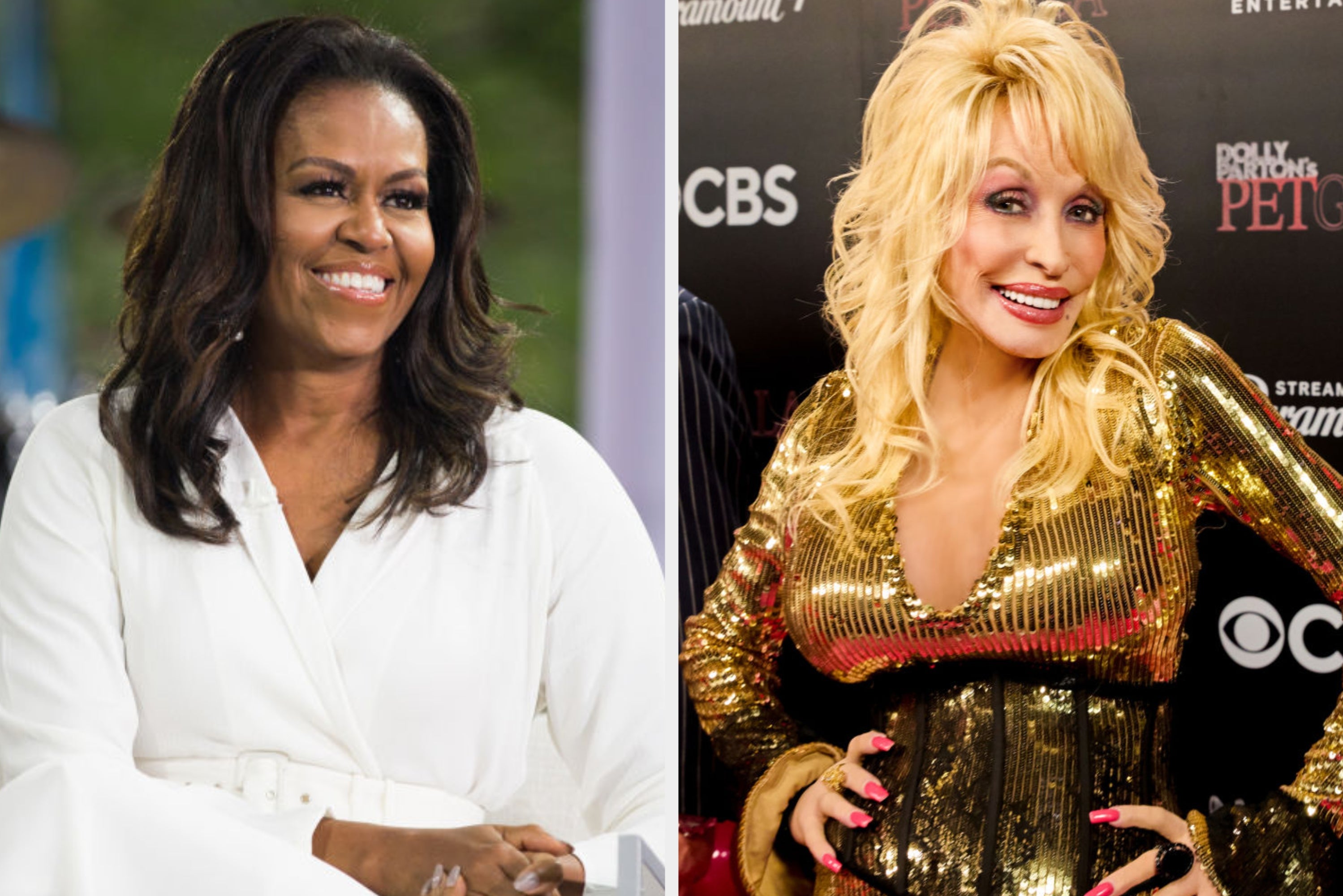 Two women are at separate events. One is in a white outfit, seated, and smiling. The other is in a gold sequined dress, posing for photos on a red carpet