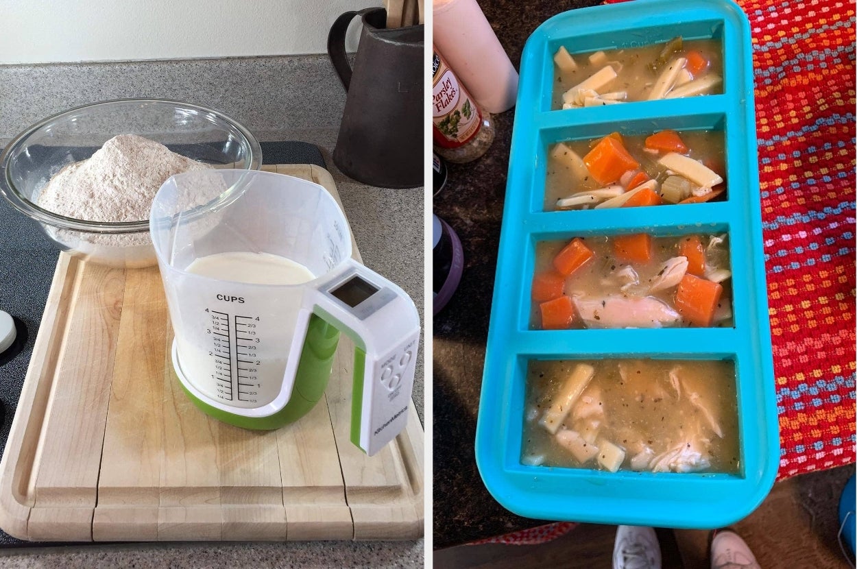 Image showing baking ingredients on a cutting board and a silicone mold with soup frozen in compartments, suggesting homemade meal prep