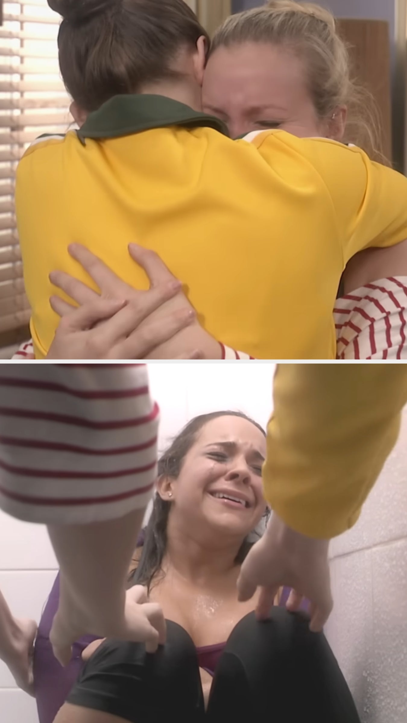 Two emotional scenes: Top, two people hugging and crying; Bottom, a person sitting in a shower, appearing distressed