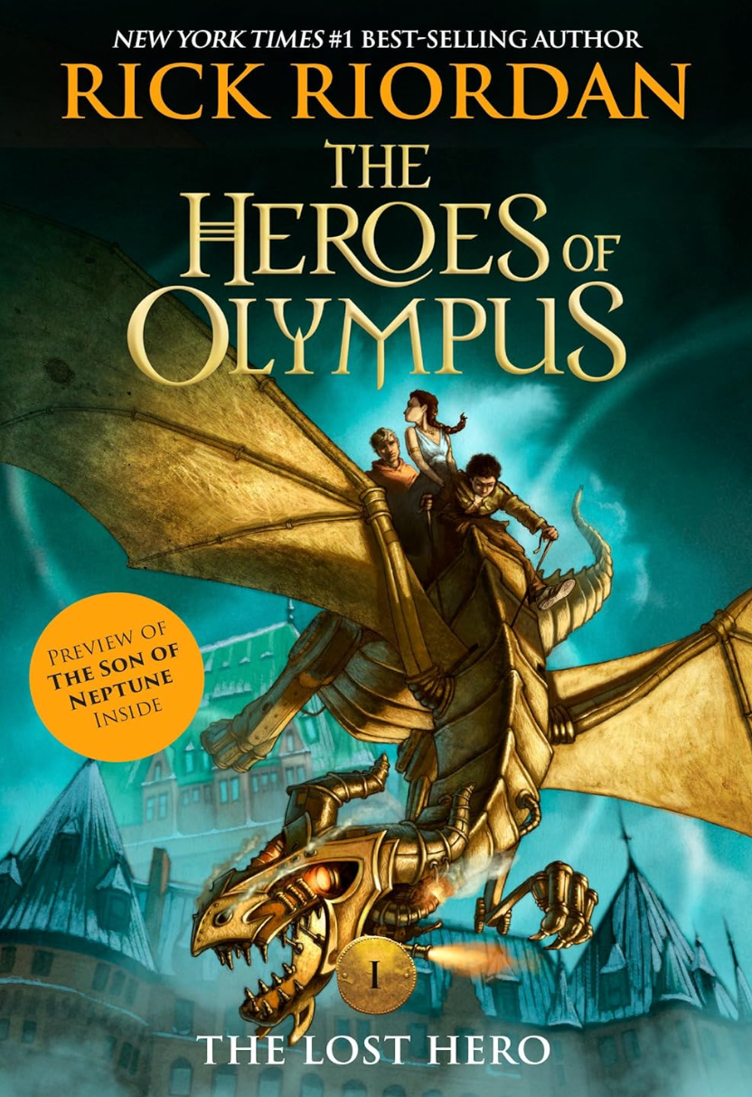 Cover of 'The Heroes of Olympus: The Lost Hero' by Rick Riordan, featuring three characters on a flying creature with a cityscape background