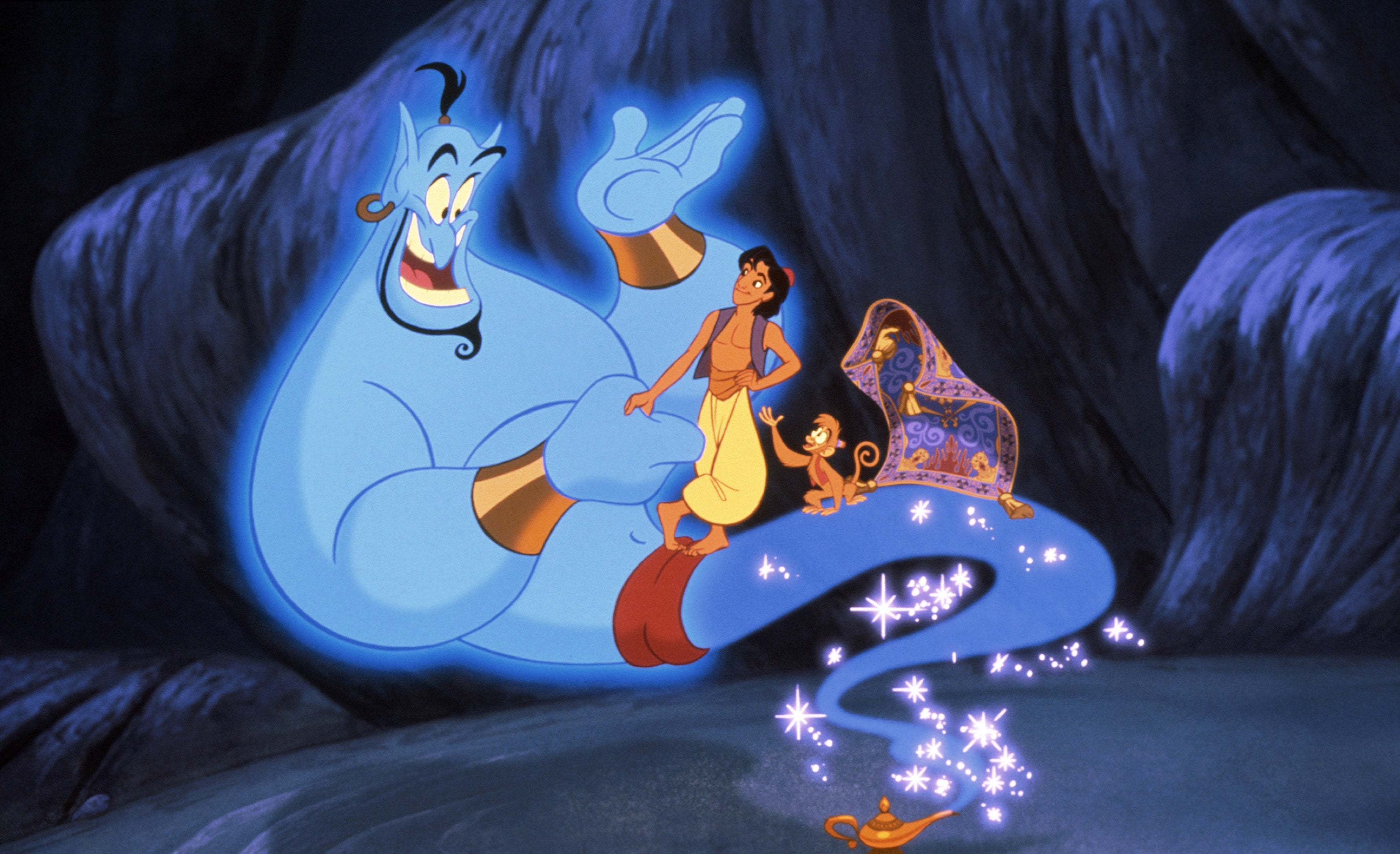 Genie, Aladdin, Abu, and the Magic Carpet successful  a cave country   from the animated movie   "Aladdin." The genie is emerging from a lamp