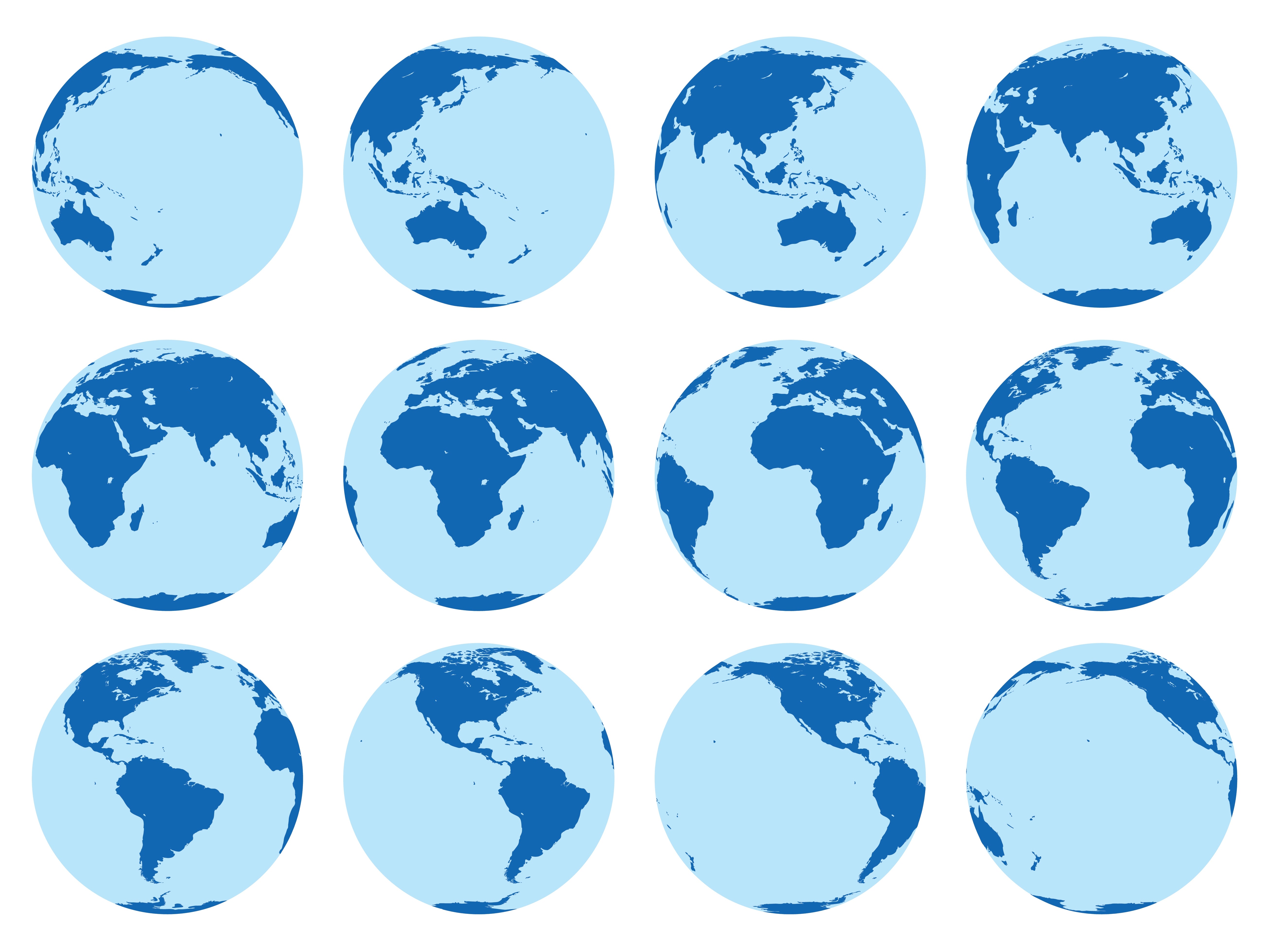 Twelve globe illustrations showing various world map views