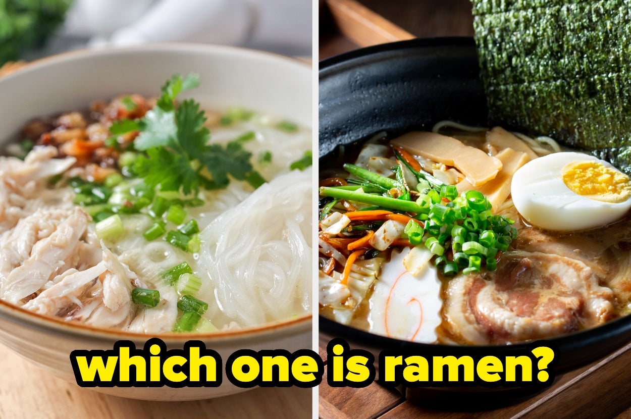 A split image of two noodle soups, one with chicken and herbs, the other with pork, egg, and seaweed. Text: "which one is ramen?"