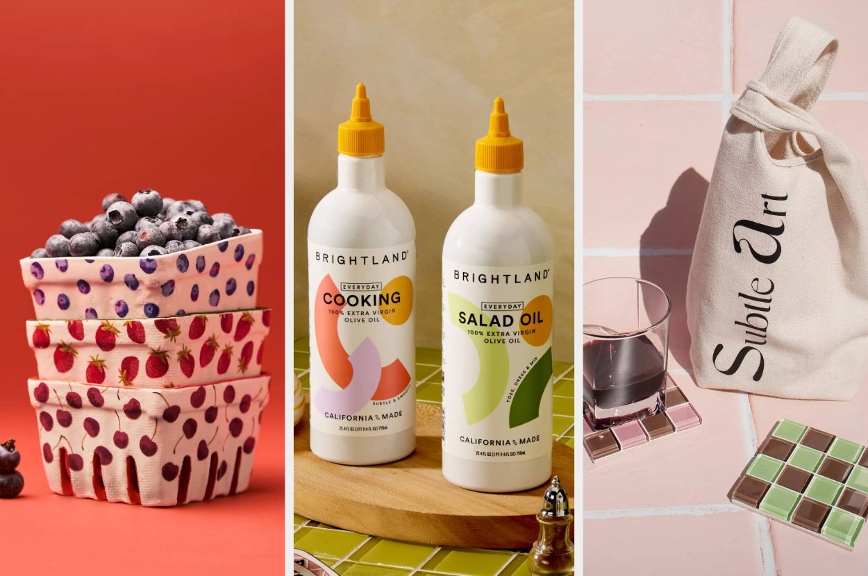 Products for sale: stacked bowls with fruit designs, Brightland cooking and salad oils, and a "Subtle Art" tote next to wine and tiles