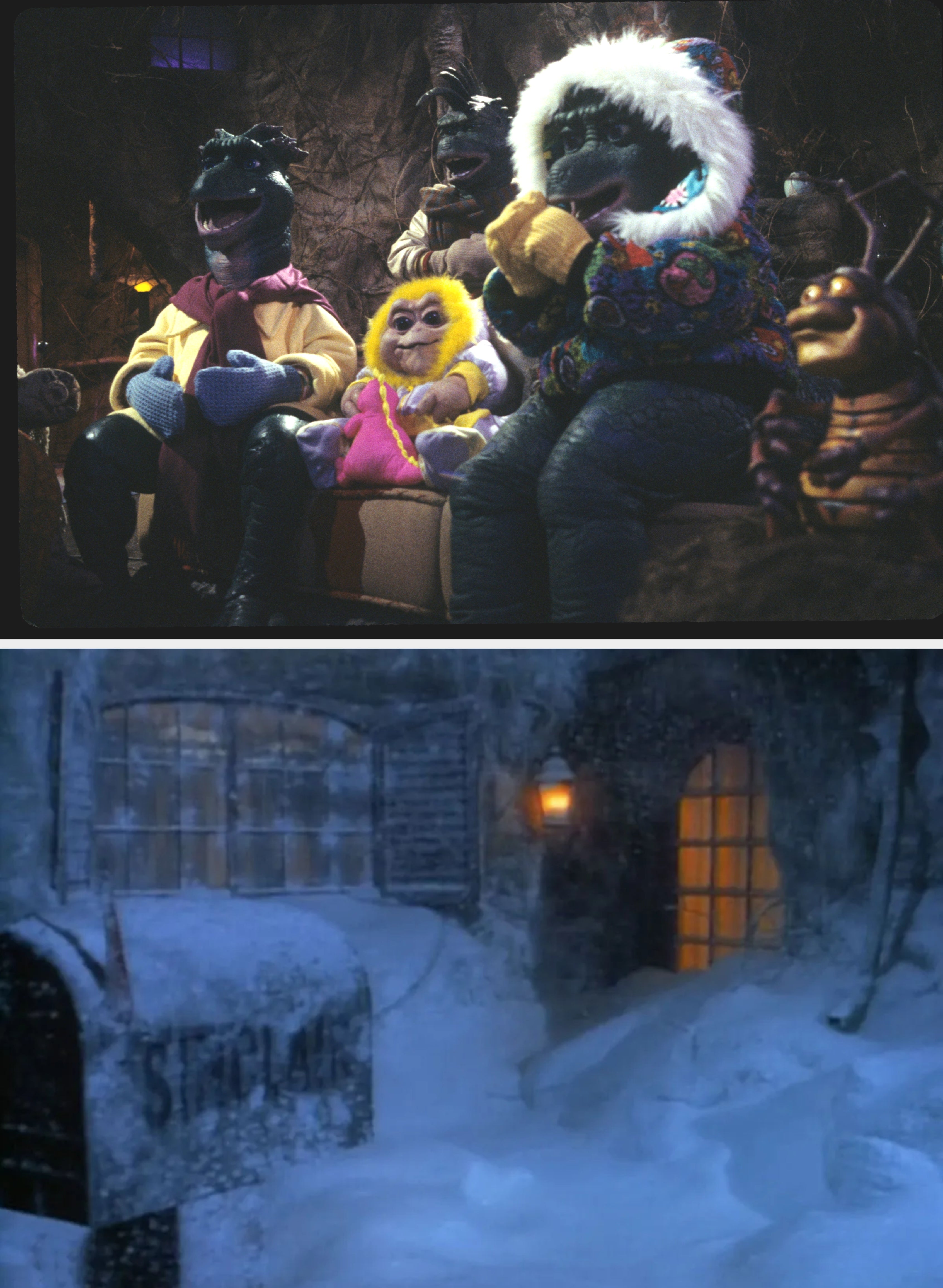 Dinosaurs sitcom household  sitting together, with babe  successful  pinkish  wintertime  clothes, surrounded by adults successful  cozy wintertime  gear
