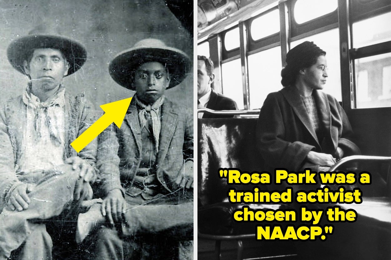 Split image: Left shows two people from historical era with a yellow arrow pointing to the younger. Right shows Rosa Parks seated on a bus with a caption about her activism