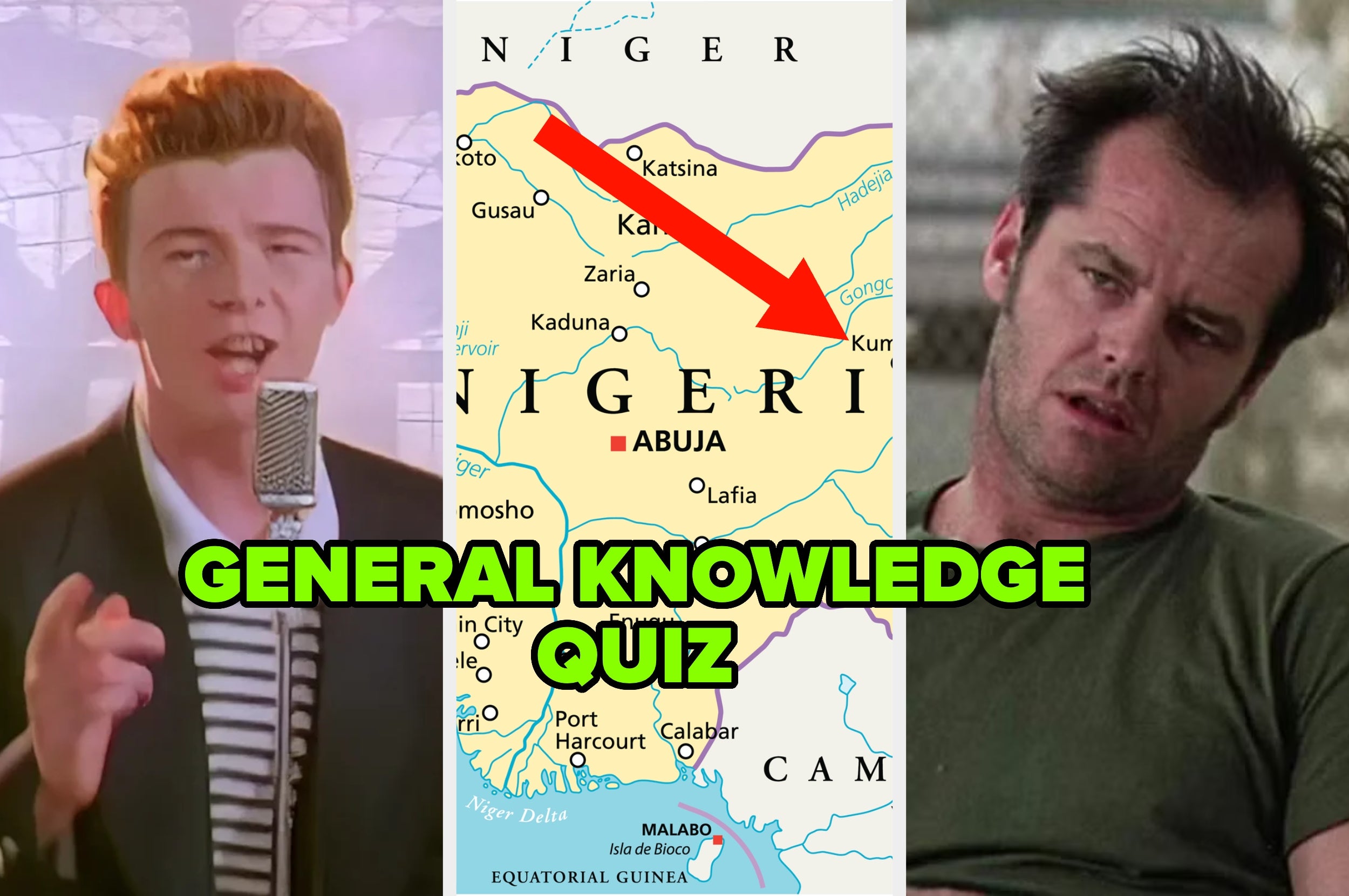 Split image: Person singing, map of Nigeria with arrow, tired-looking person. Text: "General Knowledge Quiz."