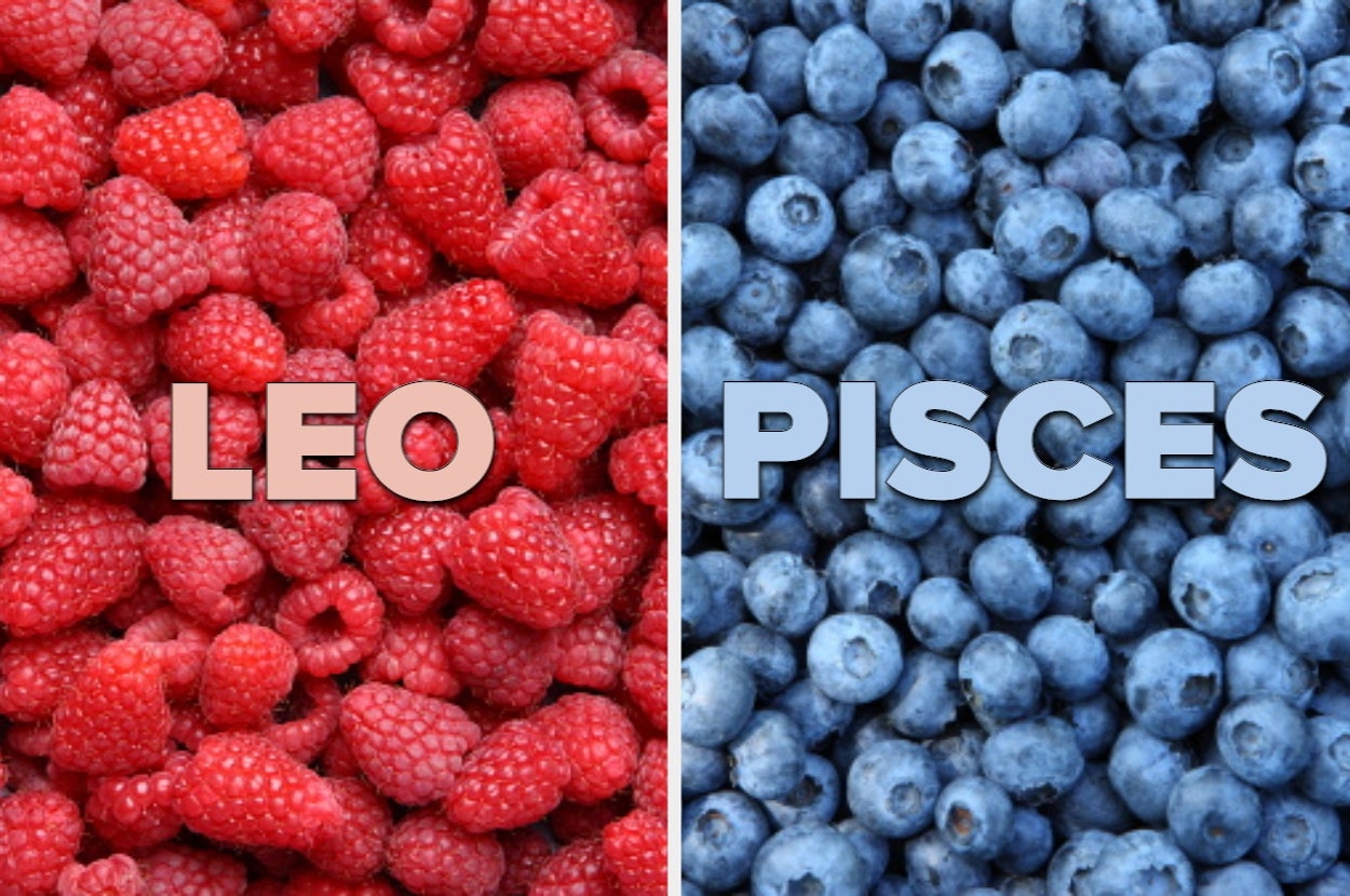 Raspberries labeled "LEO" on the left and blueberries labeled "PISCES" on the right